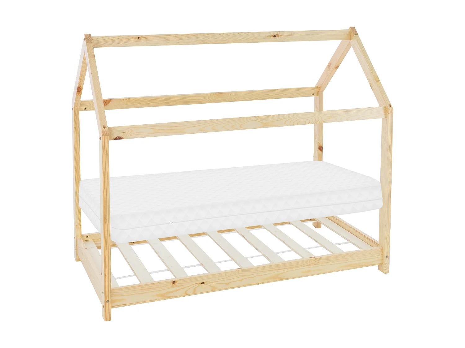 Lit d'enfants 80x160 cm naturel forme de maison en bois de pin massif avec matelas housse amovible sommier à lattes cadre de lit pour filles garçons