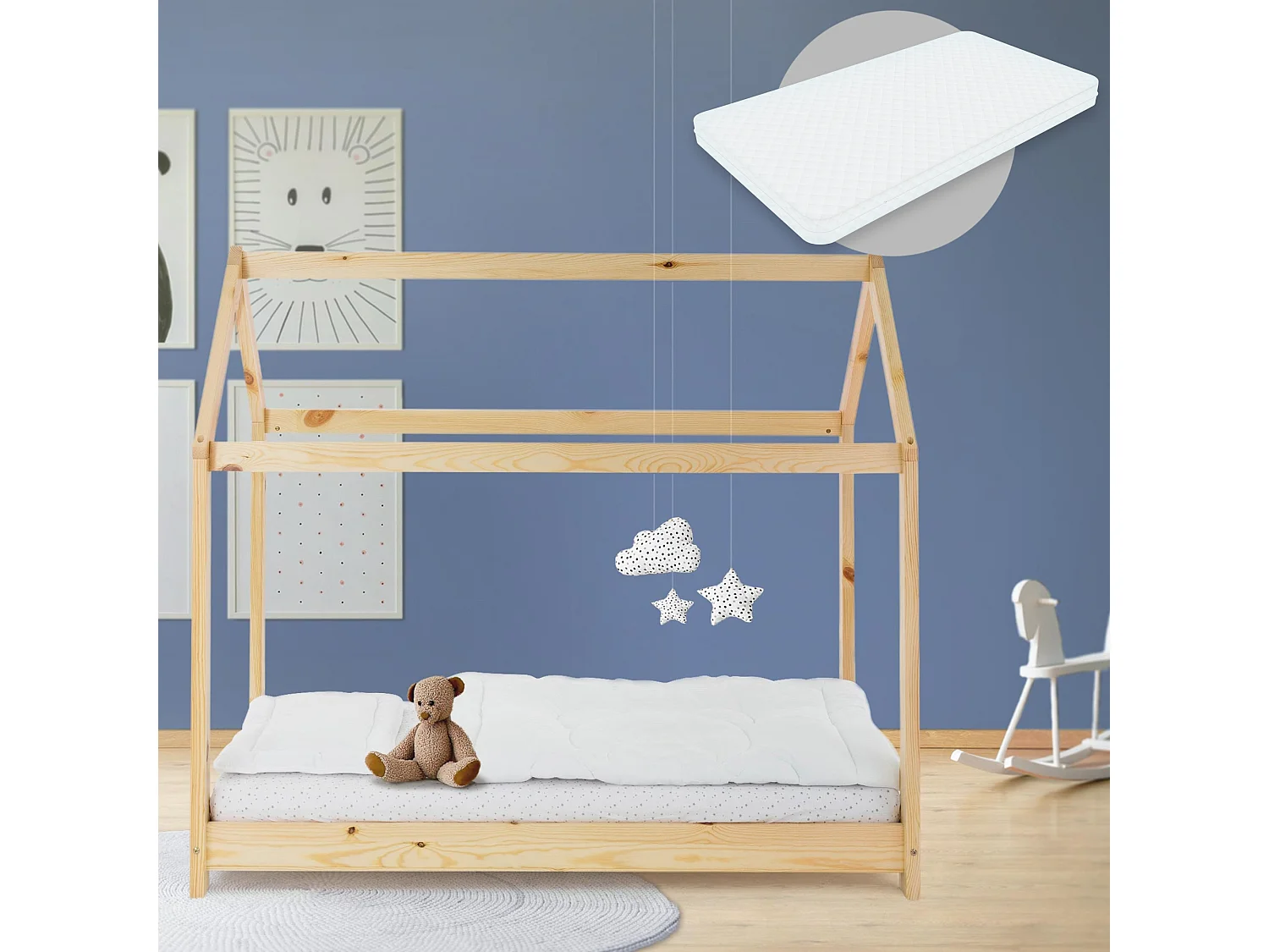 Lit d'enfants 80x160 cm naturel forme de maison en bois de pin massif avec matelas housse amovible sommier à lattes cadre de lit pour filles garçons