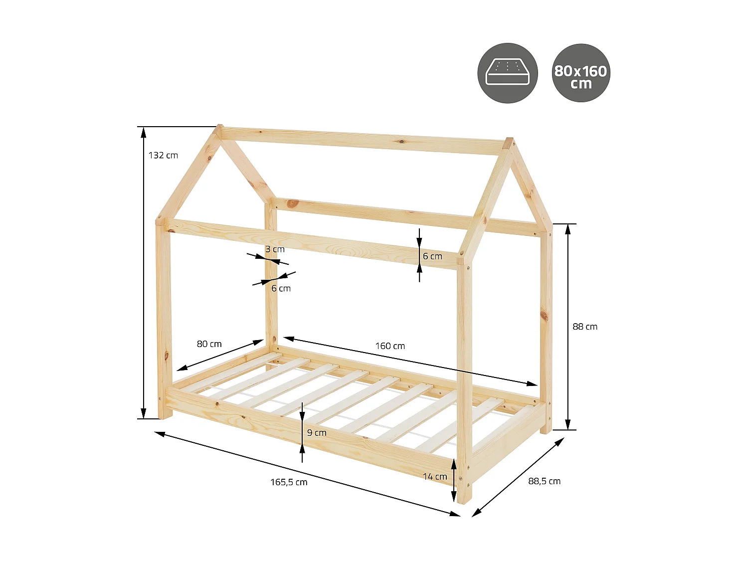 Lit d'enfants 80x160 cm naturel forme de maison en bois de pin massif avec matelas housse amovible sommier à lattes cadre de lit pour filles garçons