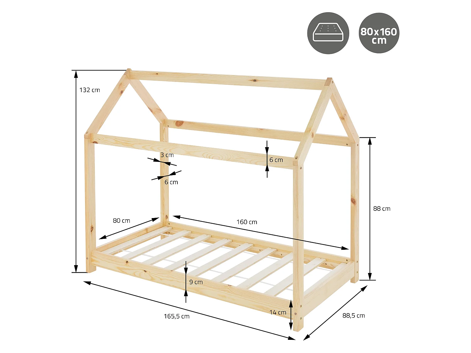ML-Design Letto per bambini a forma di casa 80 x 160 cm con materasso sfoderabile in schiuma fredda sponde anticaduta in legno di pino naturale