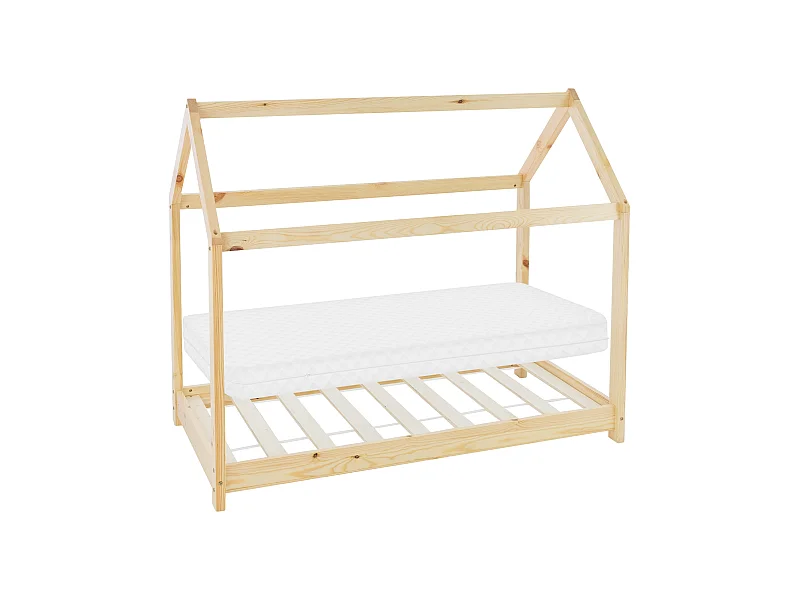 Lit d'enfants 70x140cm naturel forme de maison en bois de pin massif avec matelas housse amovible sommier à lattes anti-chute pour filles garçons