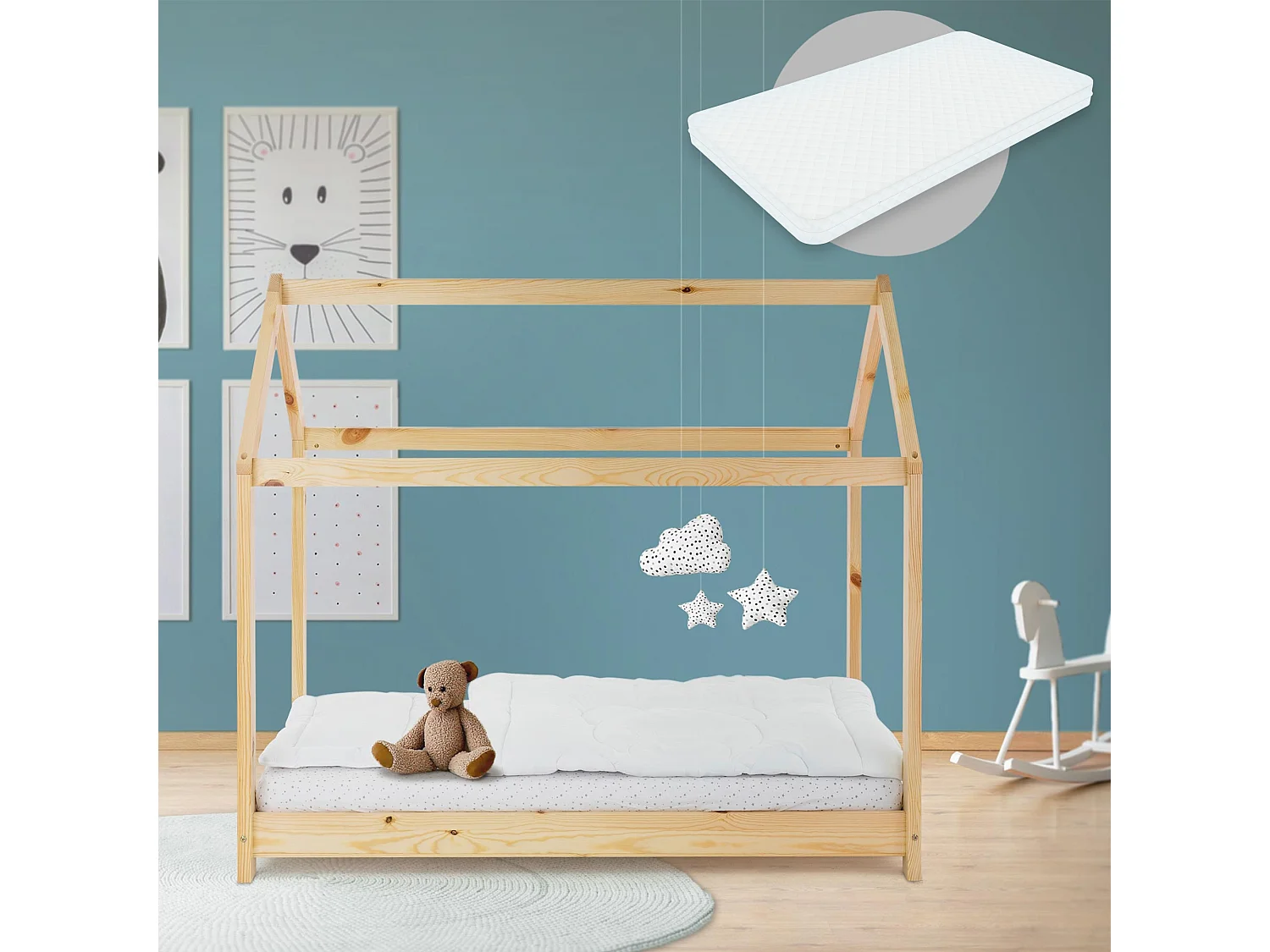 Lit d'enfants 70x140cm naturel forme de maison en bois de pin massif avec matelas housse amovible sommier à lattes anti-chute pour filles garçons