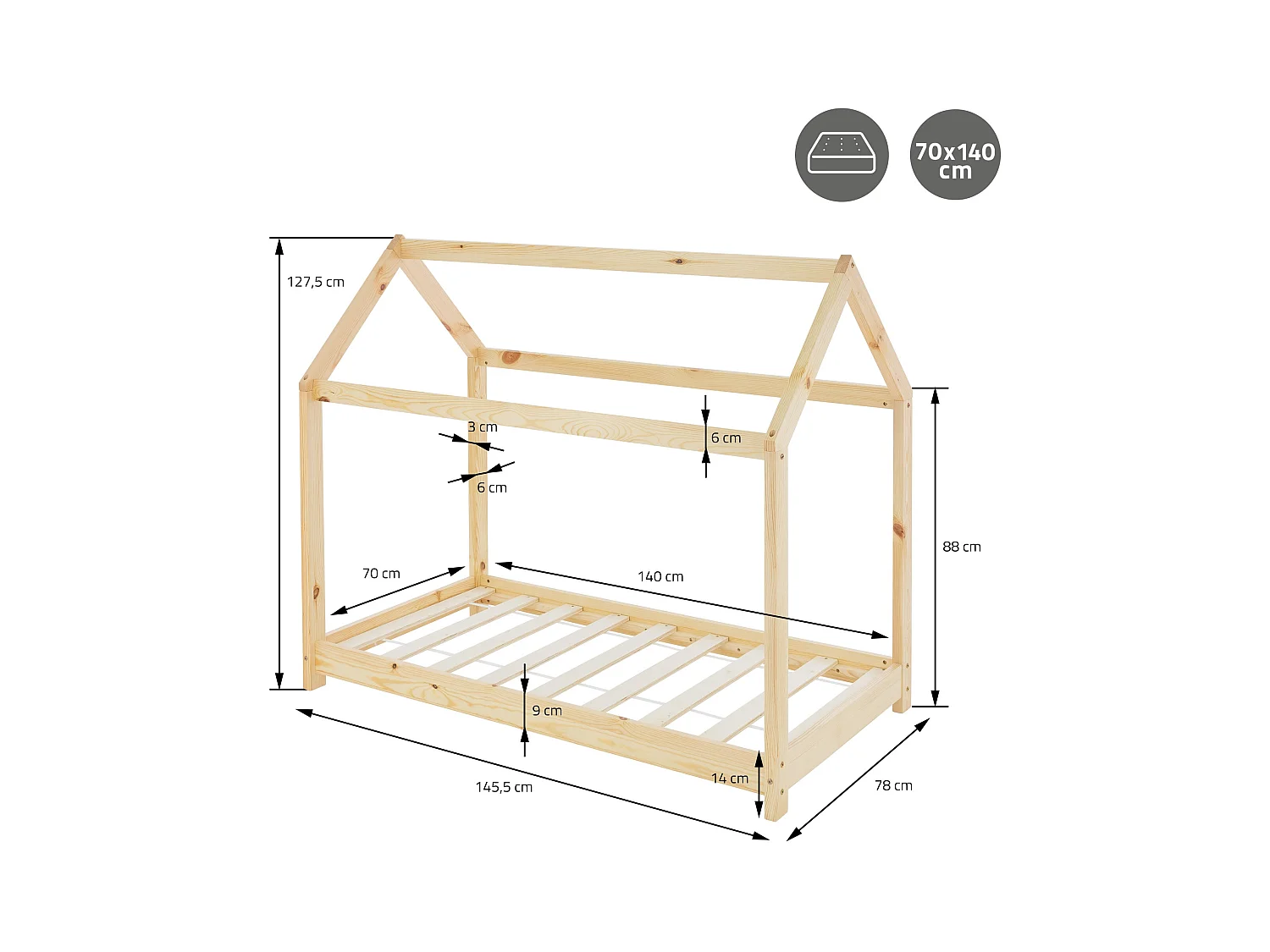 Lit d'enfants 70x140cm naturel forme de maison en bois de pin massif avec matelas housse amovible sommier à lattes anti-chute pour filles garçons