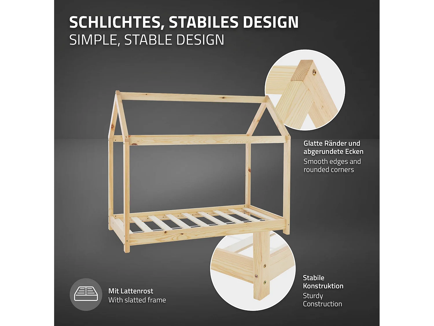 ML-Design Letto per bambini a forma di casa 70x140 cm con materasso sfoderabile in schiuma fredda legno di pino massiccio naturale stile Montessori