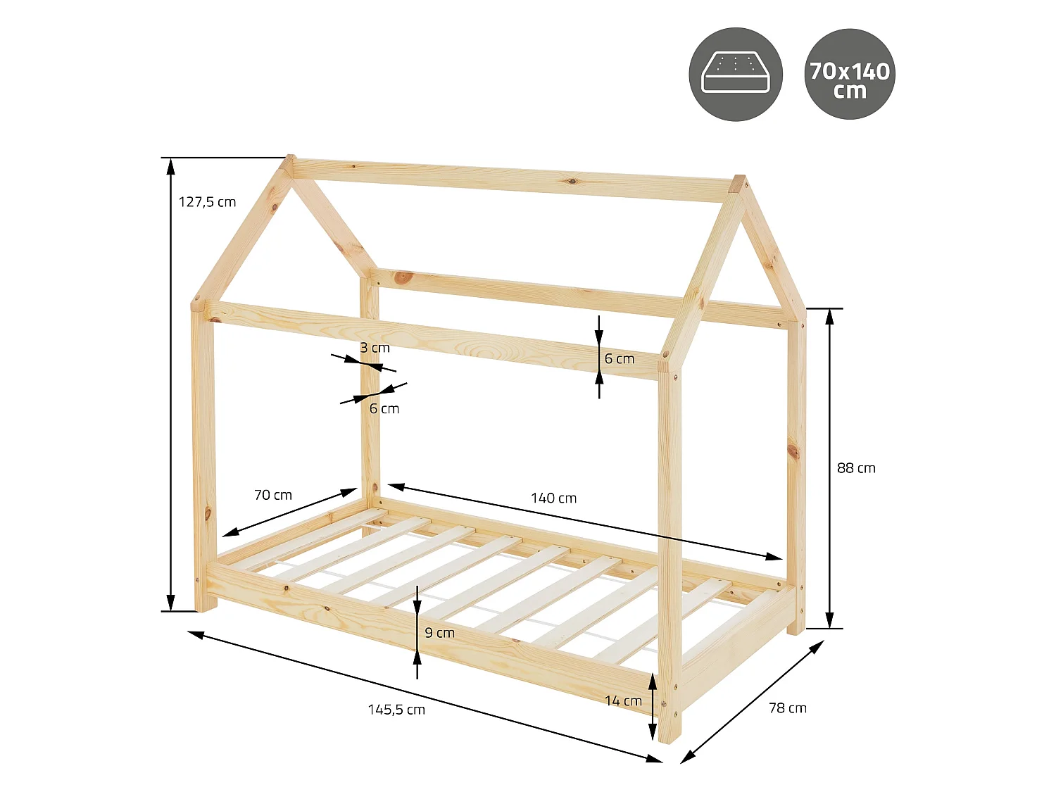 ML-Design Letto per bambini a forma di casa 70x140 cm con materasso sfoderabile in schiuma fredda legno di pino massiccio naturale stile Montessori