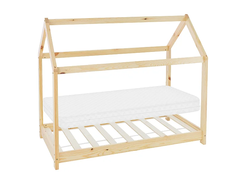 Lit d'enfants 70x140cm naturel forme de maison en bois de pin massif avec matelas housse amovible sommier à lattes anti-chute pour filles garçons