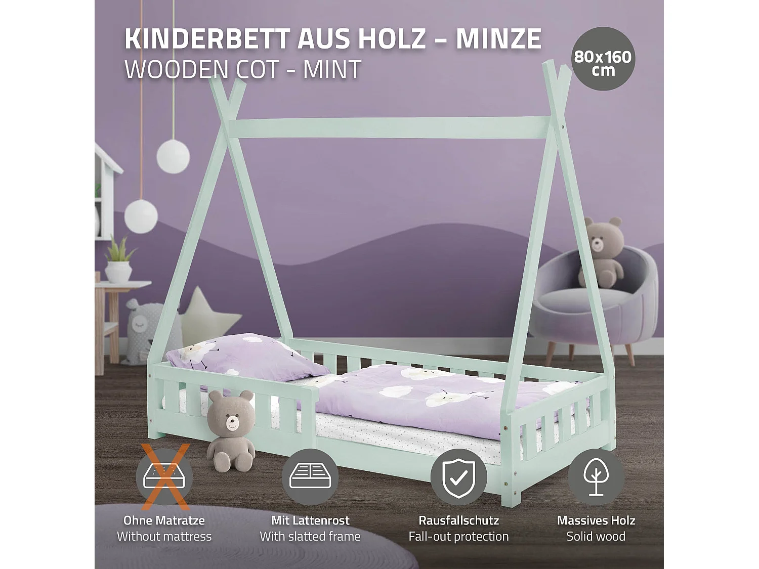 ML-Design Cama infantil tipi 80x160cm color verde con protección anticaída y somier mobiliario con estructura de listones madera de pino maciza
