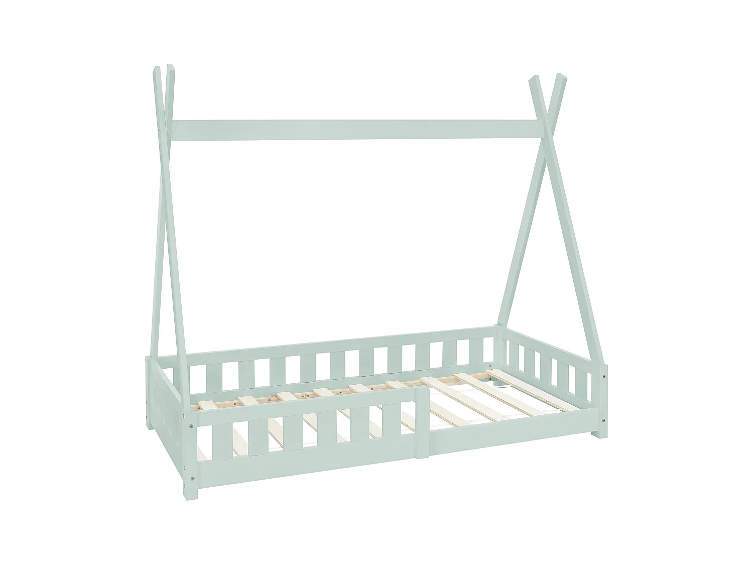 Lit d'enfants Tipi 80x160 cm vert menthe style indien avec clôture et sommier à lattes grille de sécurité en bois de pin tente de jeu filles/garçons