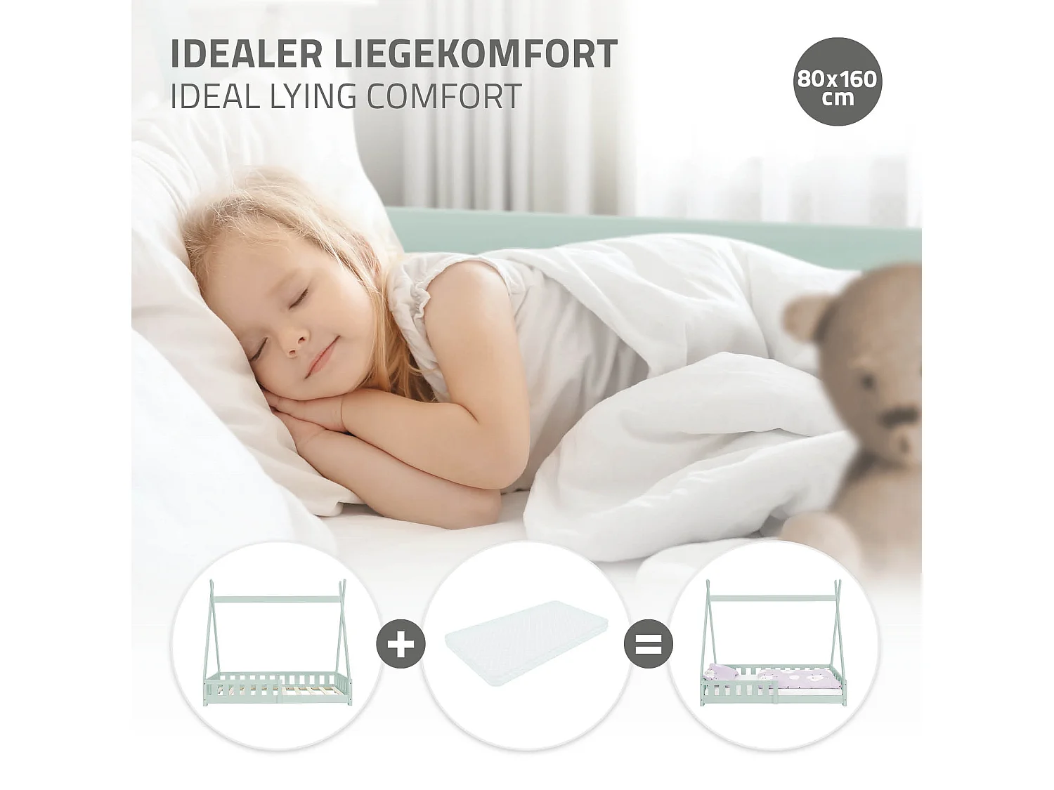 Lit d'enfants Tipi 80x160 cm vert menthe style indien avec clôture et sommier à lattes grille de sécurité en bois de pin tente de jeu filles/garçons