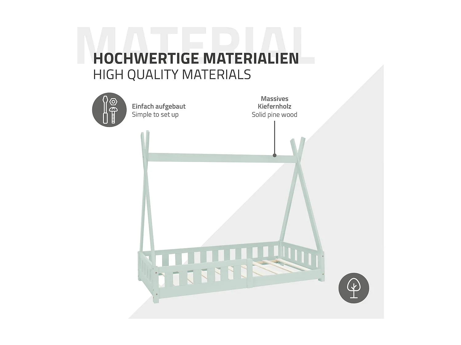 Lit d'enfants Tipi 80x160 cm vert menthe style indien avec clôture et sommier à lattes grille de sécurité en bois de pin tente de jeu filles/garçons