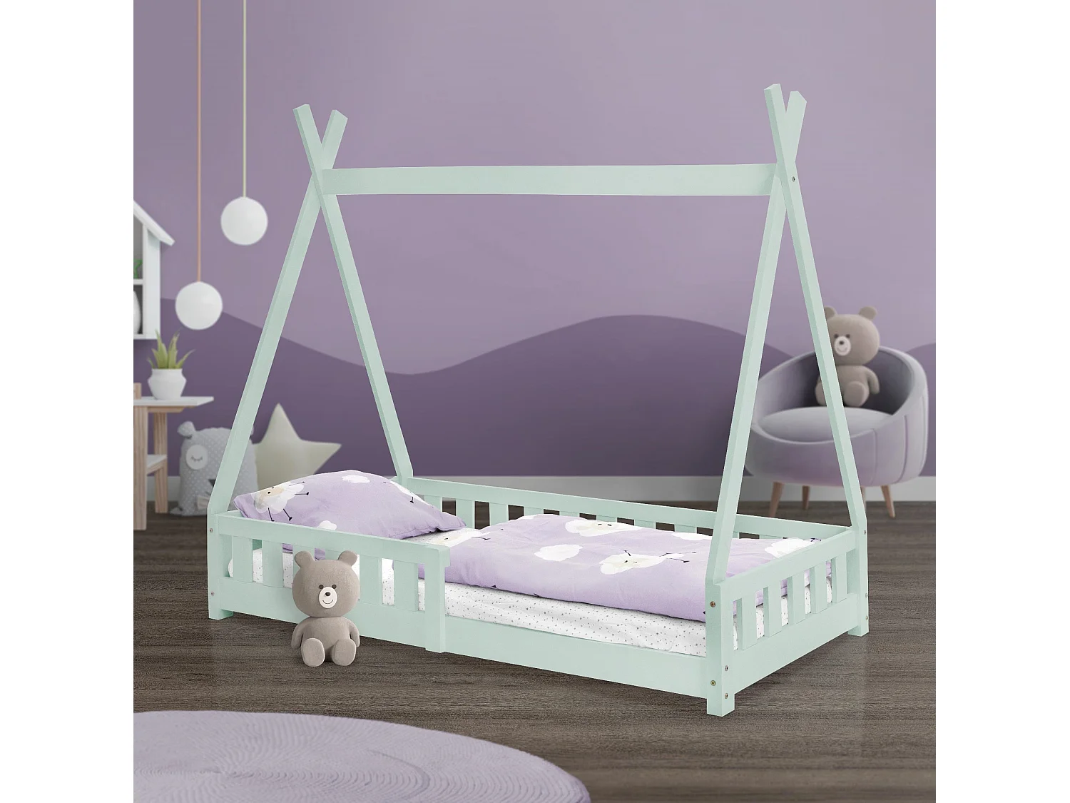 Lit d'enfants Tipi 80x160 cm vert menthe style indien avec clôture et sommier à lattes grille de sécurité en bois de pin tente de jeu filles/garçons