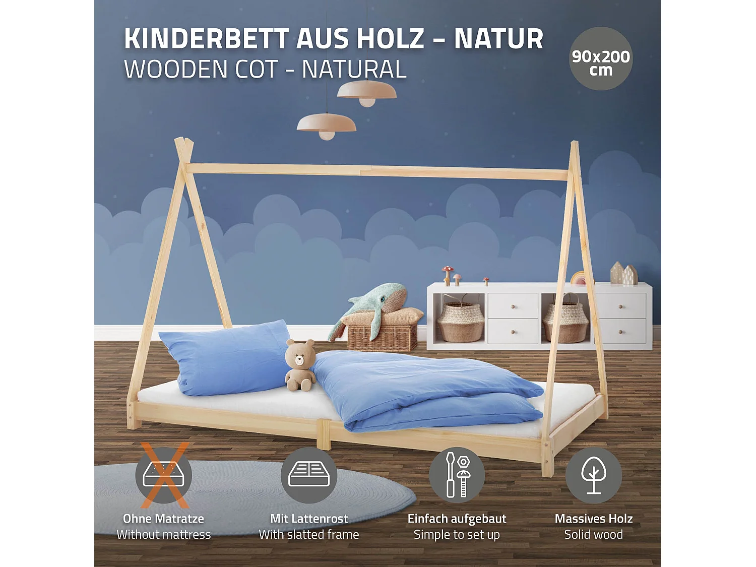 ML-Design Lettino per bambini design tepee con rete a doghe 90x200 cm, letto basso a forma di tenda indiana per cameretta bimbi, legno pino naturale