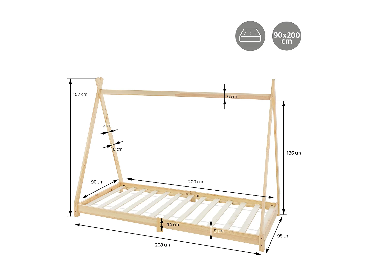 ML-Design Lettino per bambini design tepee con rete a doghe 90x200 cm, letto basso a forma di tenda indiana per cameretta bimbi, legno pino naturale