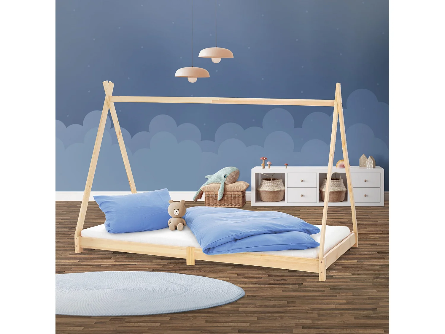 ML-Design Lettino per bambini design tepee con rete a doghe 90x200 cm, letto basso a forma di tenda indiana per cameretta bimbi, legno pino naturale
