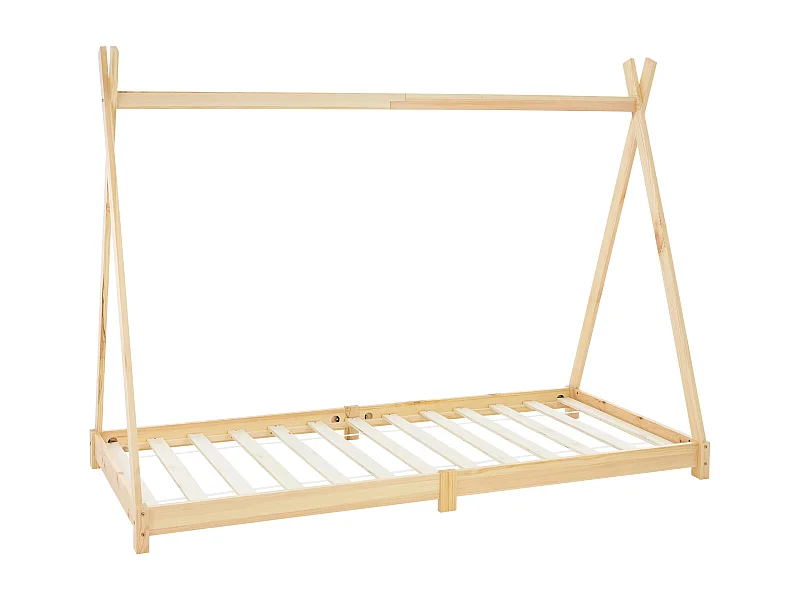 Lit d'enfants Tipi 90x200 cm naturel avec sommier à lattes bois de pin massif tente indien cadre de lit stable robuste lit simple de jeu d`adolescents