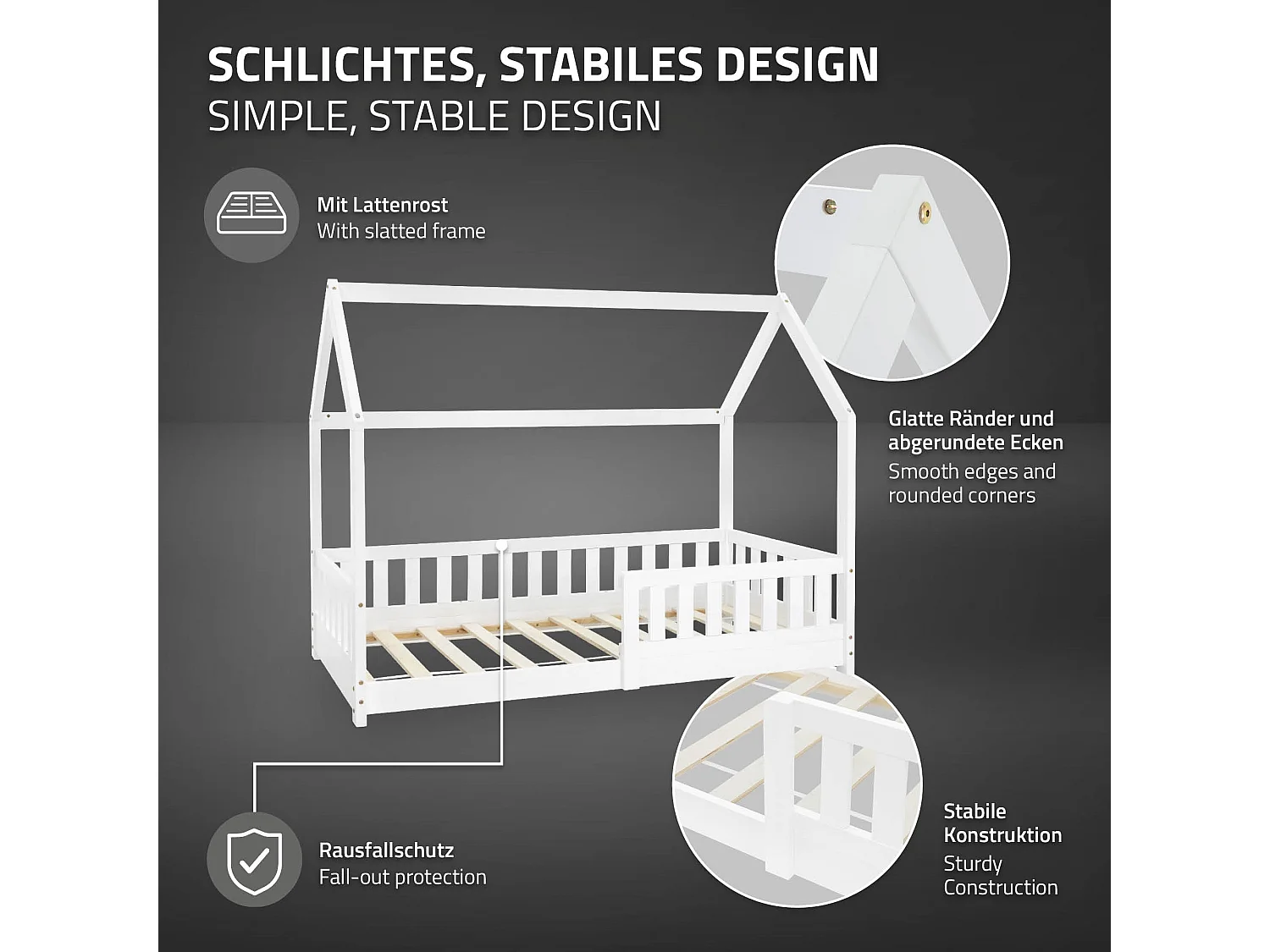 ML-Design Cama infantil casa 80x160cm color blanco con protección anticaída y somier mobiliario con estructura de listones madera de pino maciza