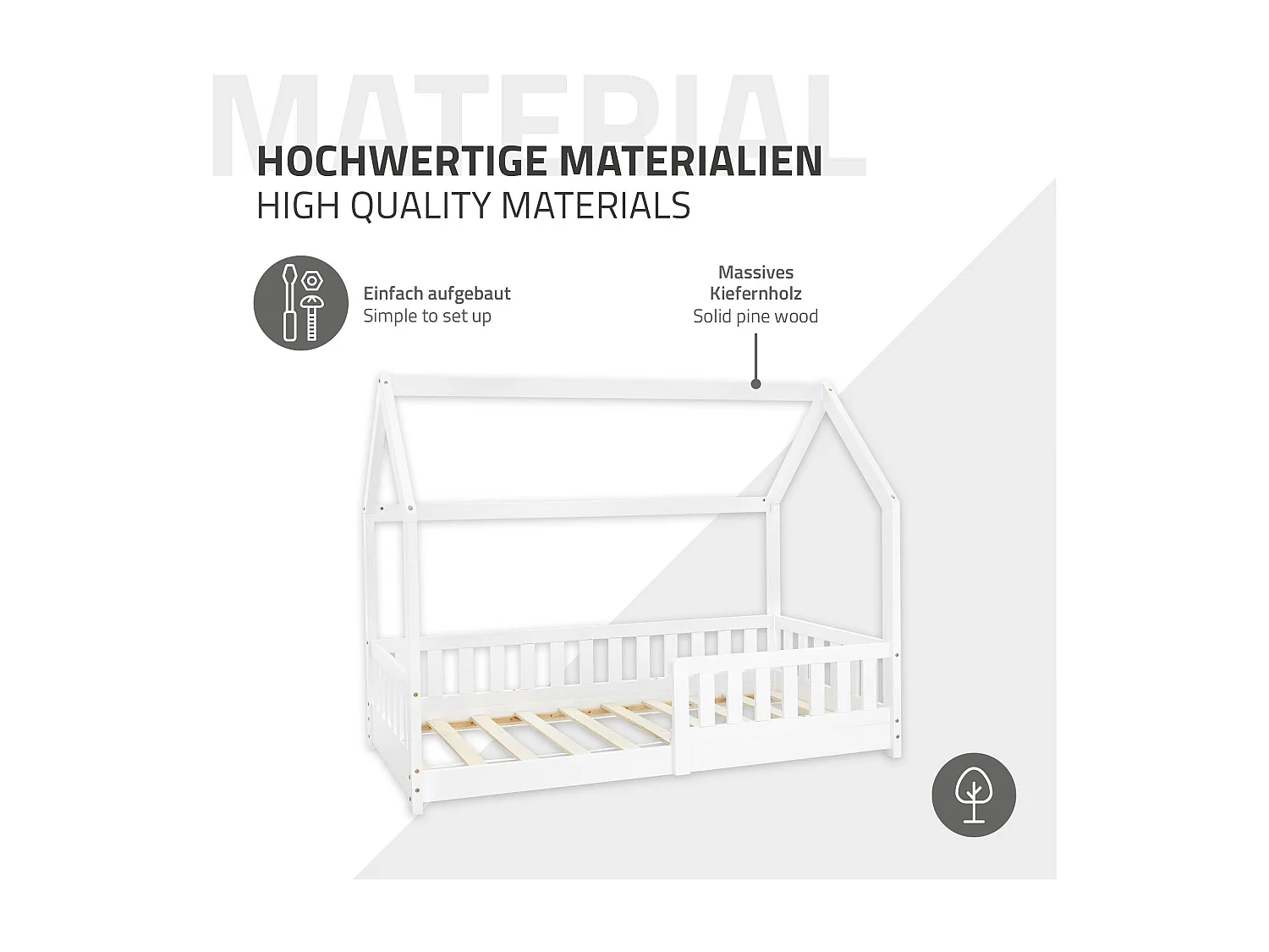 ML-Design Cama infantil casa 80x160cm color blanco con protección anticaída y somier mobiliario con estructura de listones madera de pino maciza