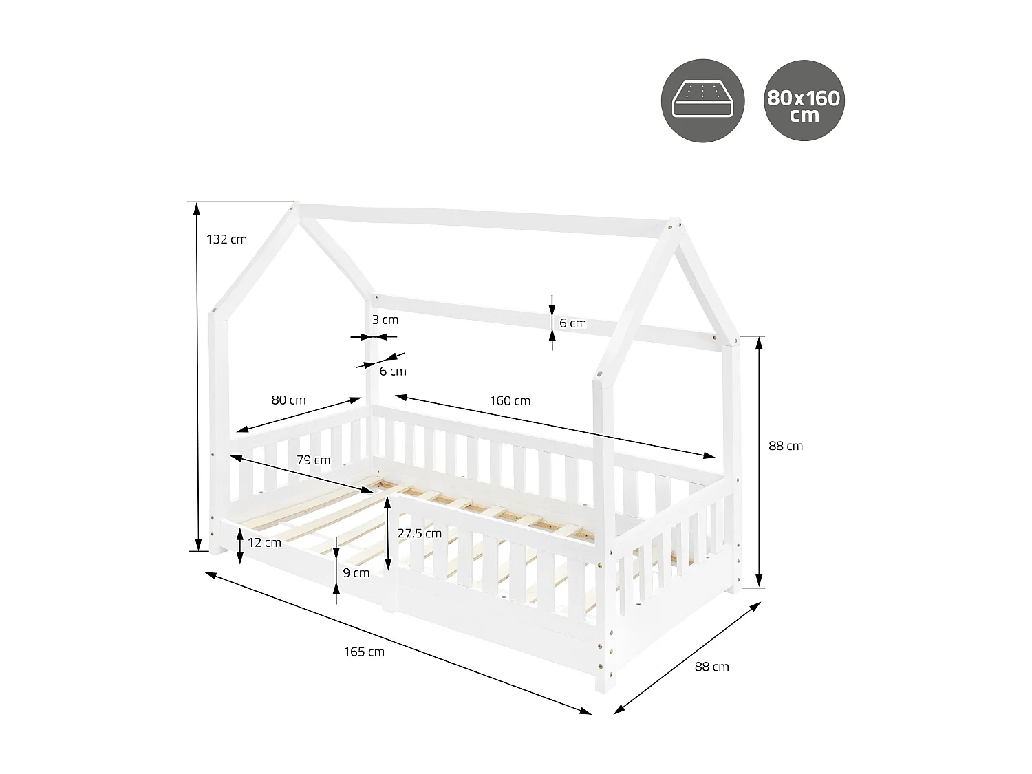 Lit d'enfants 160x80 cm blanc style maison avec toit et sommier à lattes protection contre chutes en bois de pin massif filles/garçons de 3 à 10 ans