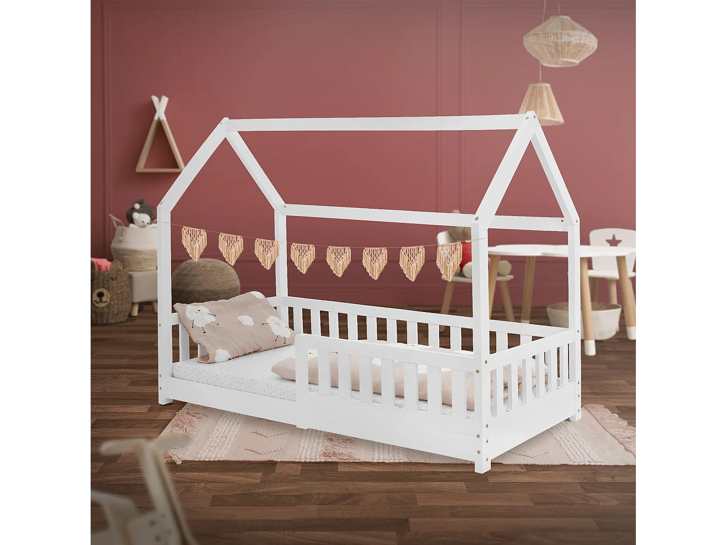 Lit d'enfants 160x80 cm blanc style maison avec toit et sommier à lattes protection contre chutes en bois de pin massif filles/garçons de 3 à 10 ans