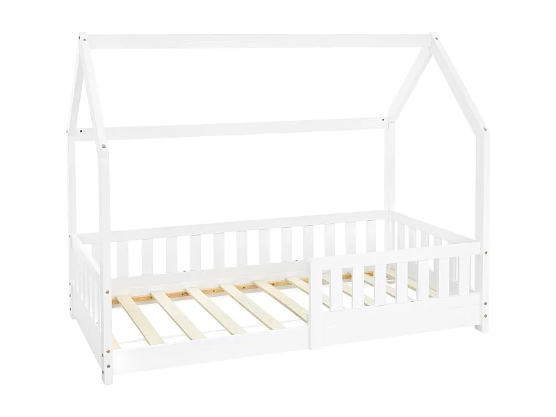Lit d'enfants 160x80 cm blanc style maison avec toit et sommier à lattes protection contre chutes en bois de pin massif filles/garçons de 3 à 10 ans