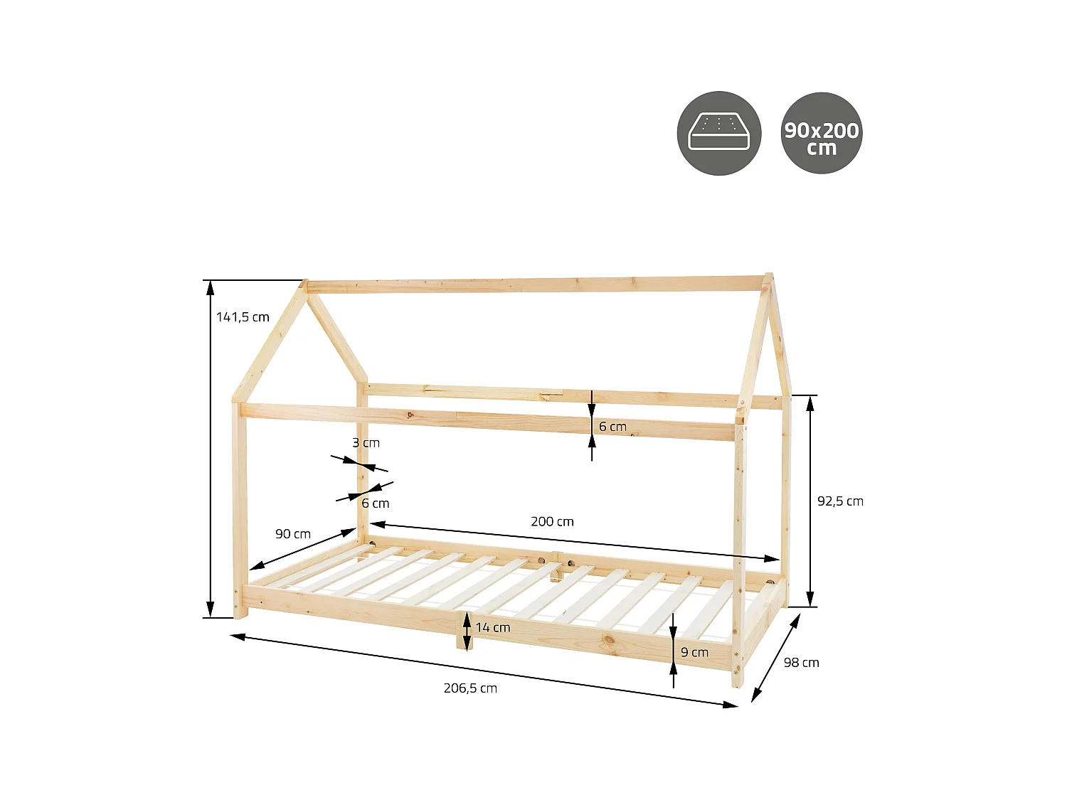 Lit d'enfants 90x200 cm naturel style maison bois de pin massif avec matelas H:10cm housse amovible sommier protection anti-chute pour filles garçons