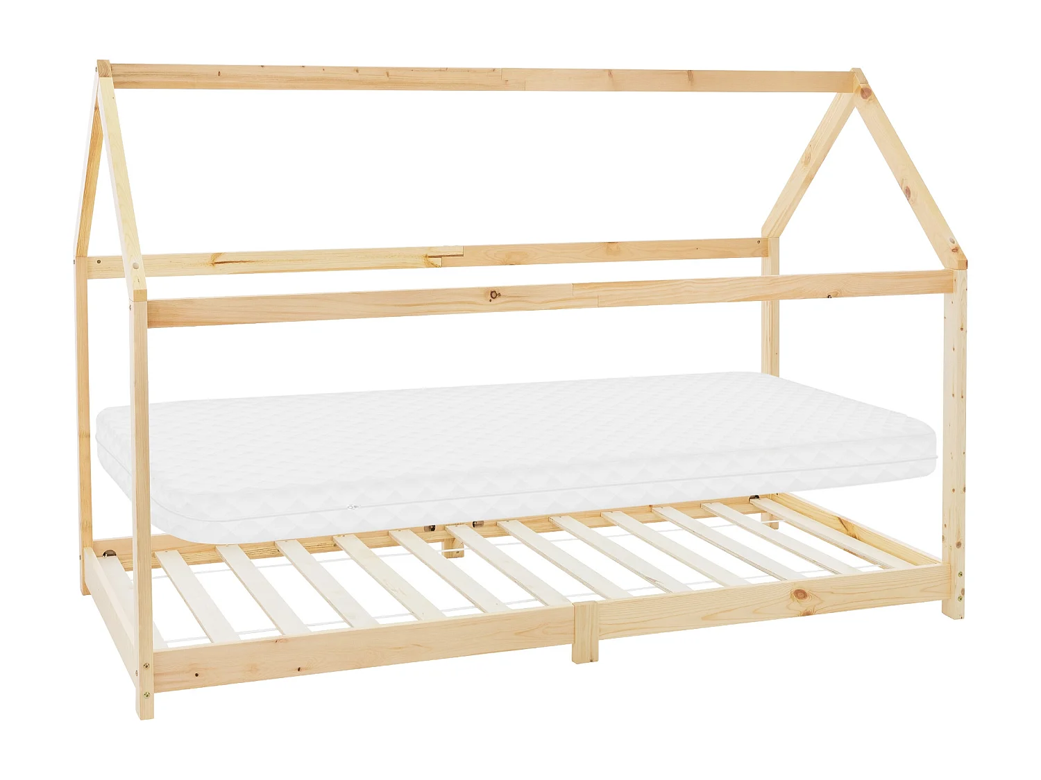 Lit d'enfants 90x200 cm naturel style maison bois de pin massif avec matelas H:10cm housse amovible sommier protection anti-chute pour filles garçons