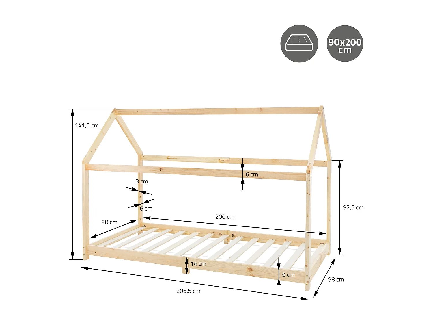 Lit d'enfants 90x200 cm naturel style maison bois de pin massif avec matelas H:10cm housse amovible sommier protection anti-chute pour filles garçons