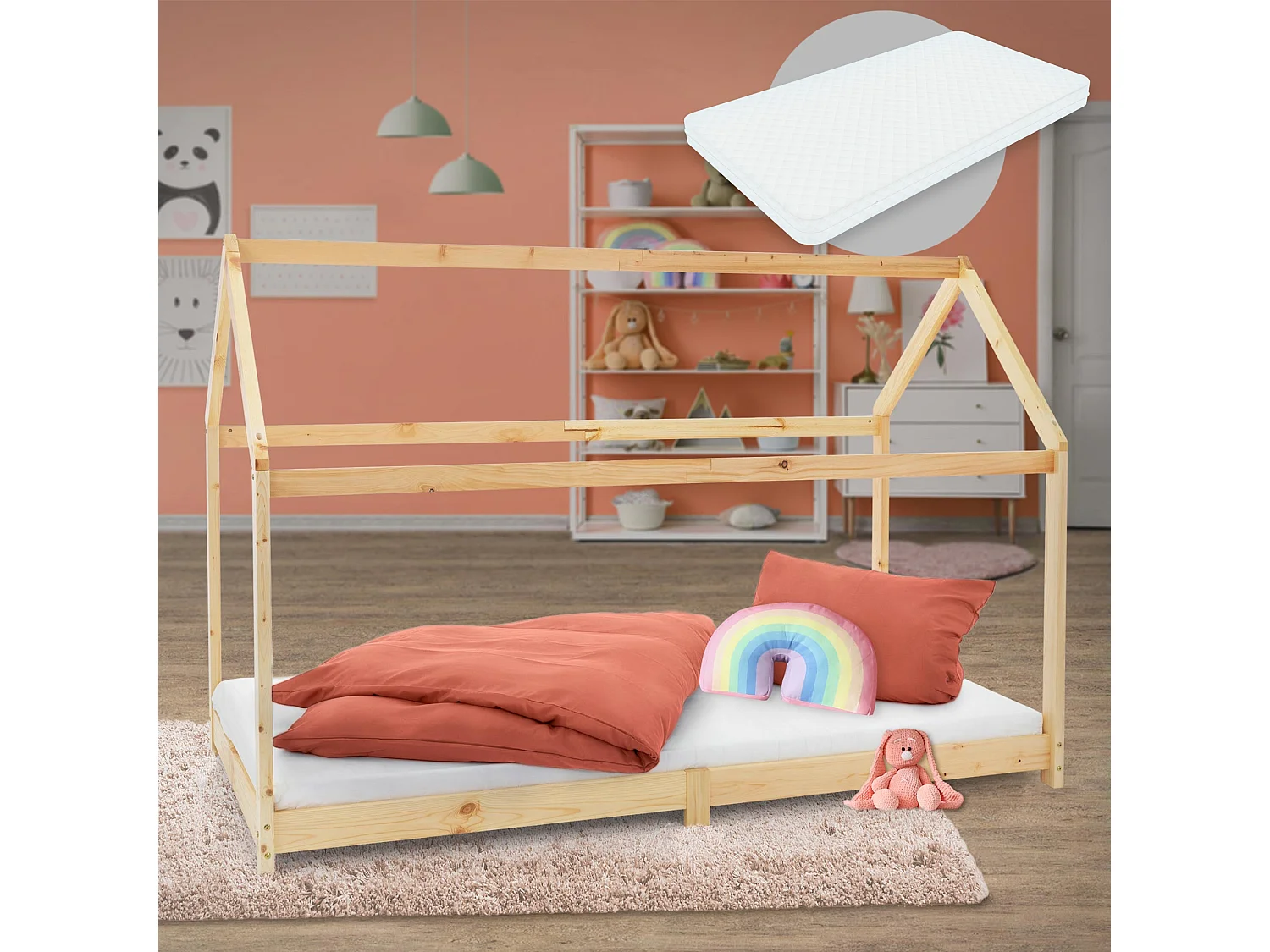 ML-Design Cama infantil tipi 90x200 cm natural con colchón, protección anticaída y somier mobiliario con estructura de listones madera pino maciza