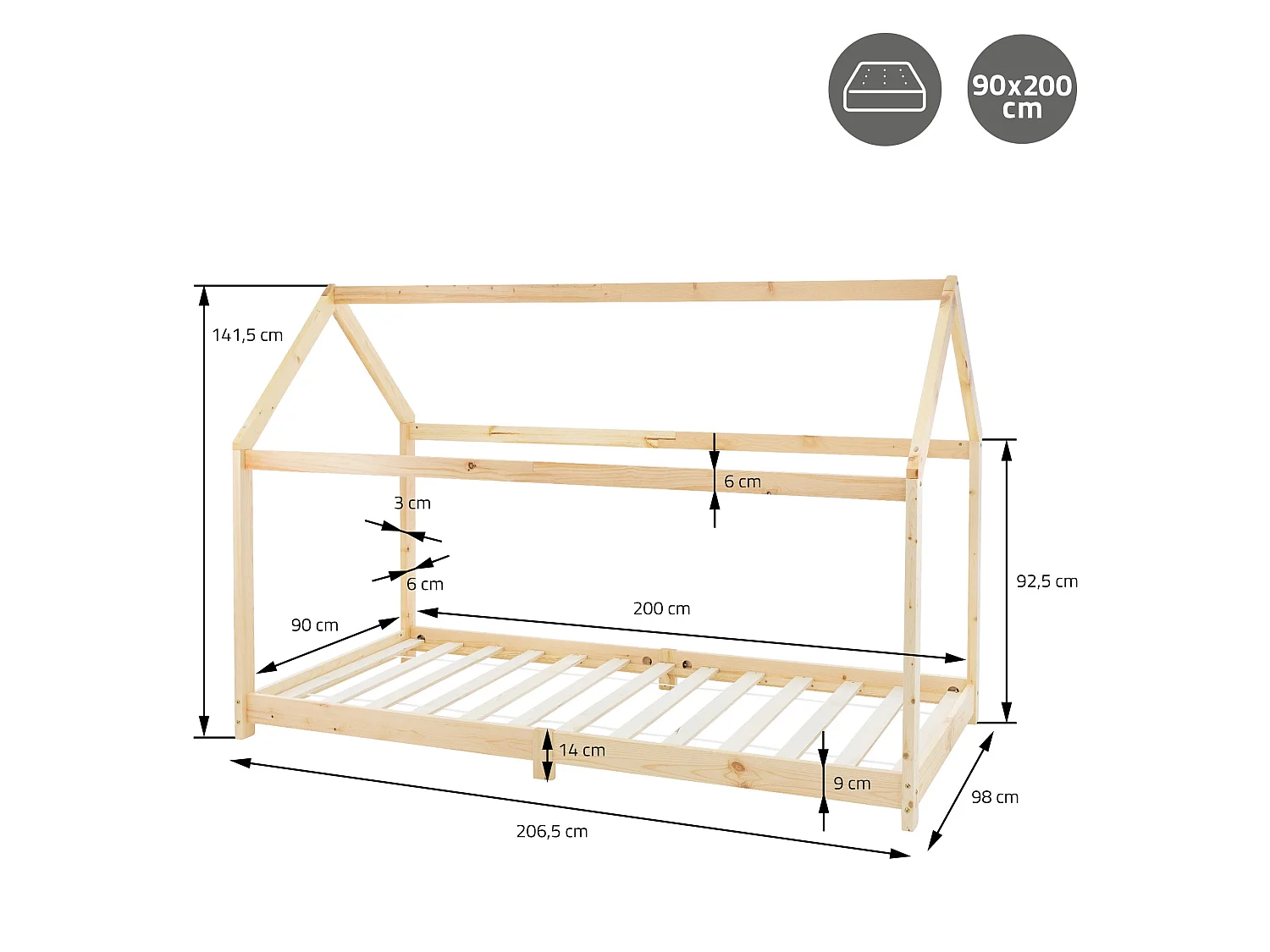 ML-Design Cama infantil tipi 90x200 cm natural con colchón, protección anticaída y somier mobiliario con estructura de listones madera pino maciza