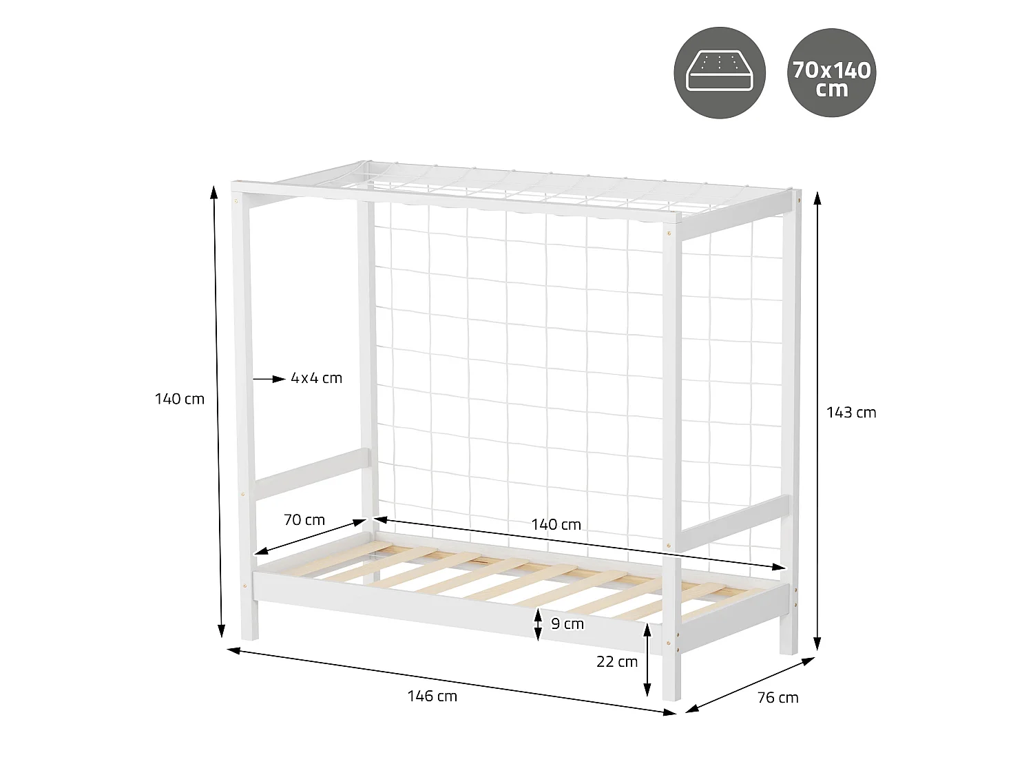 ML-Design Cama infantil tipi 90x200 cm natural con colchón, protección anticaída y somier mobiliario con estructura de listones madera pino maciza