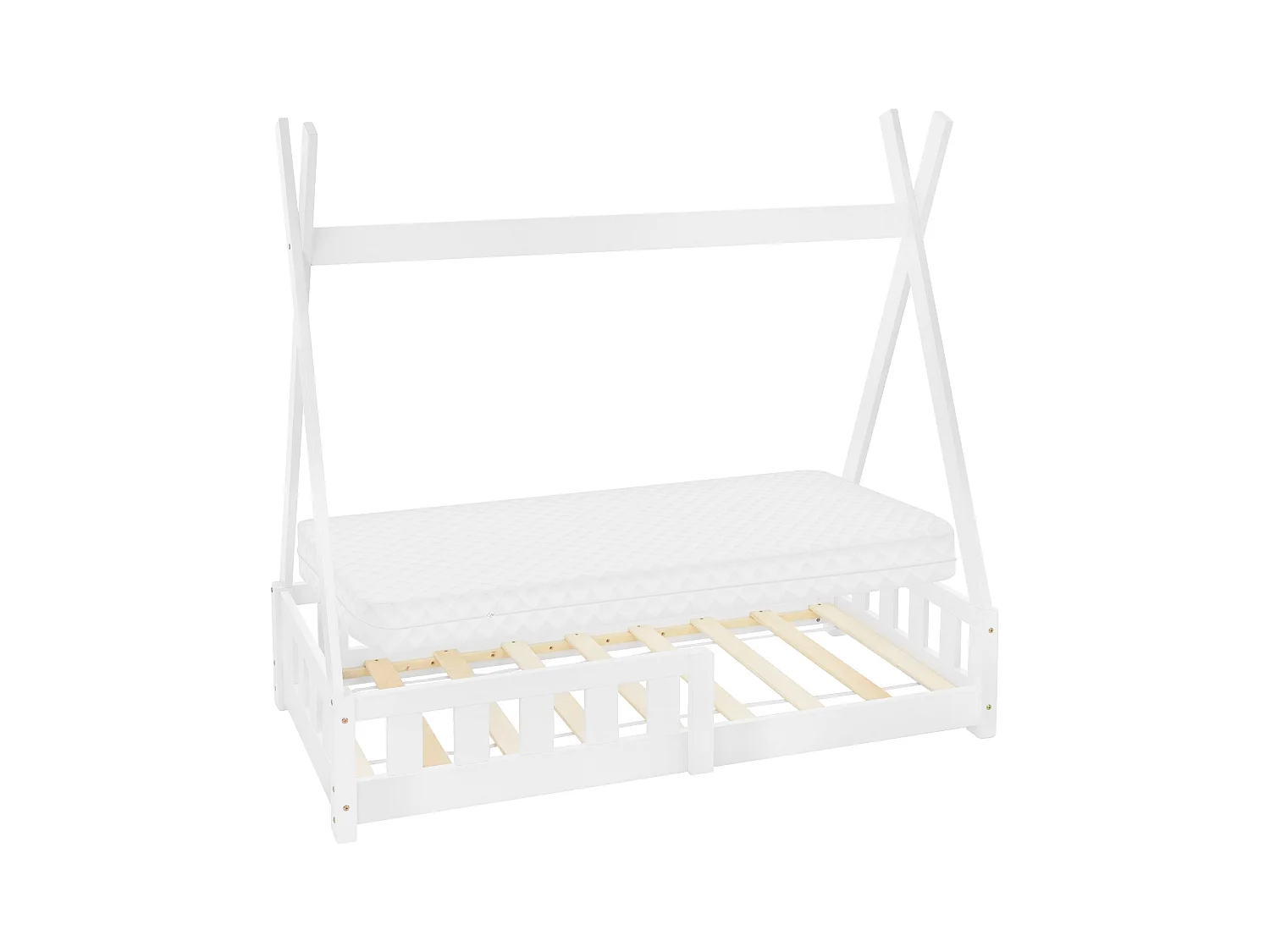 Lit d'enfants Tipi 70x140 cm blanc style indien cadre bois de pin massif avec matelas hypoallergénique housse amovible respirant et sommier à lattes