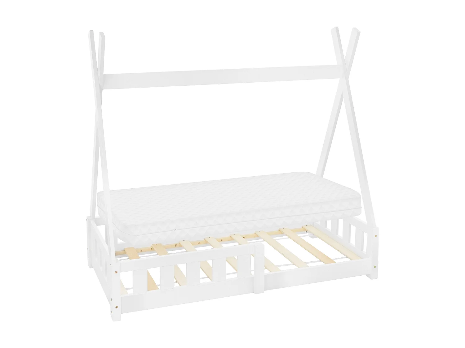 ML-Design Cama infantil tipi 70x140 cm color natural  con colchón de espuma fría y somier estructura de listones con techo forma de tienda