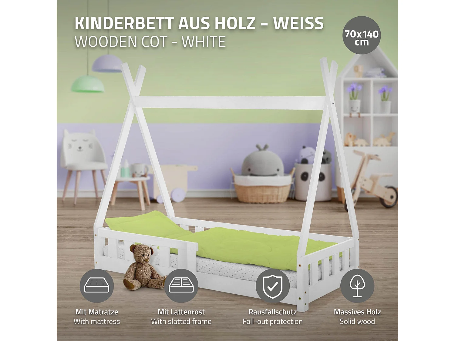 ML-Design Cama infantil tipi 70x140 cm color natural  con colchón de espuma fría y somier estructura de listones con techo forma de tienda