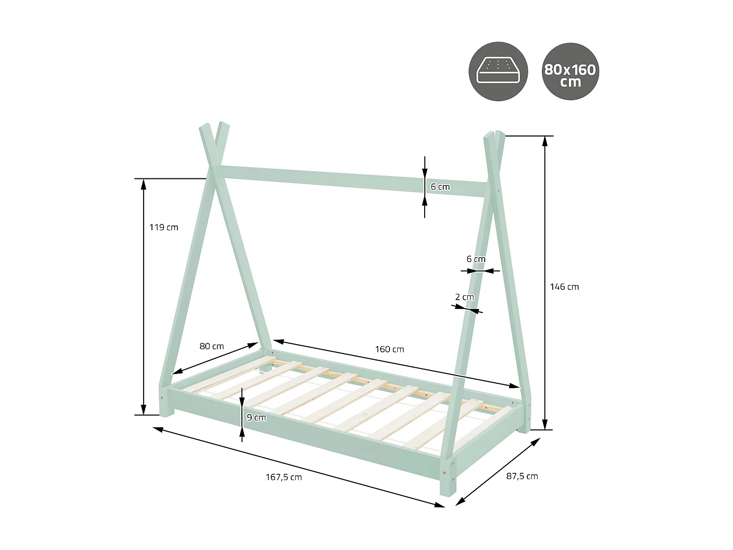Lit d'enfants Tipi 80x160 cm menthe style indien cadre en bois de pin massif matelas hypoallergénique housse amovible respirant et sommier à lattes