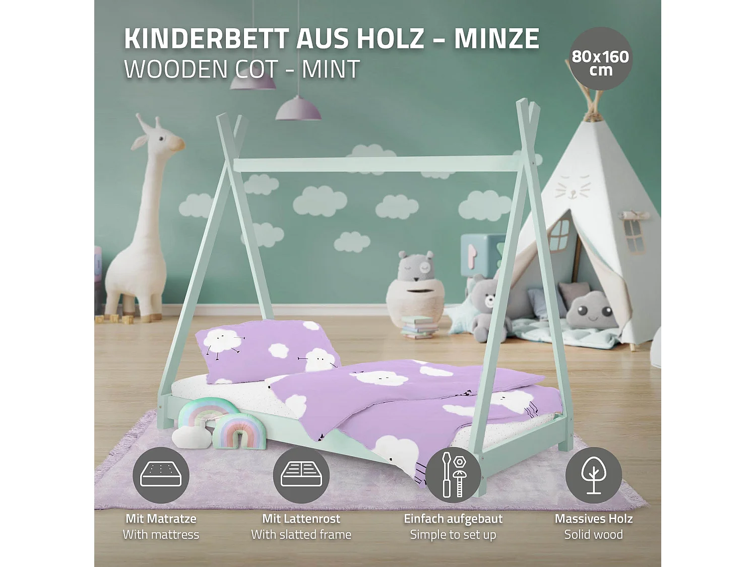ML-Design Letto bambini a forma di tenda 80x160 cm menta in pino massiccio con rete a doghe stile montessori e materasso sfoderabile in schiuma fredda