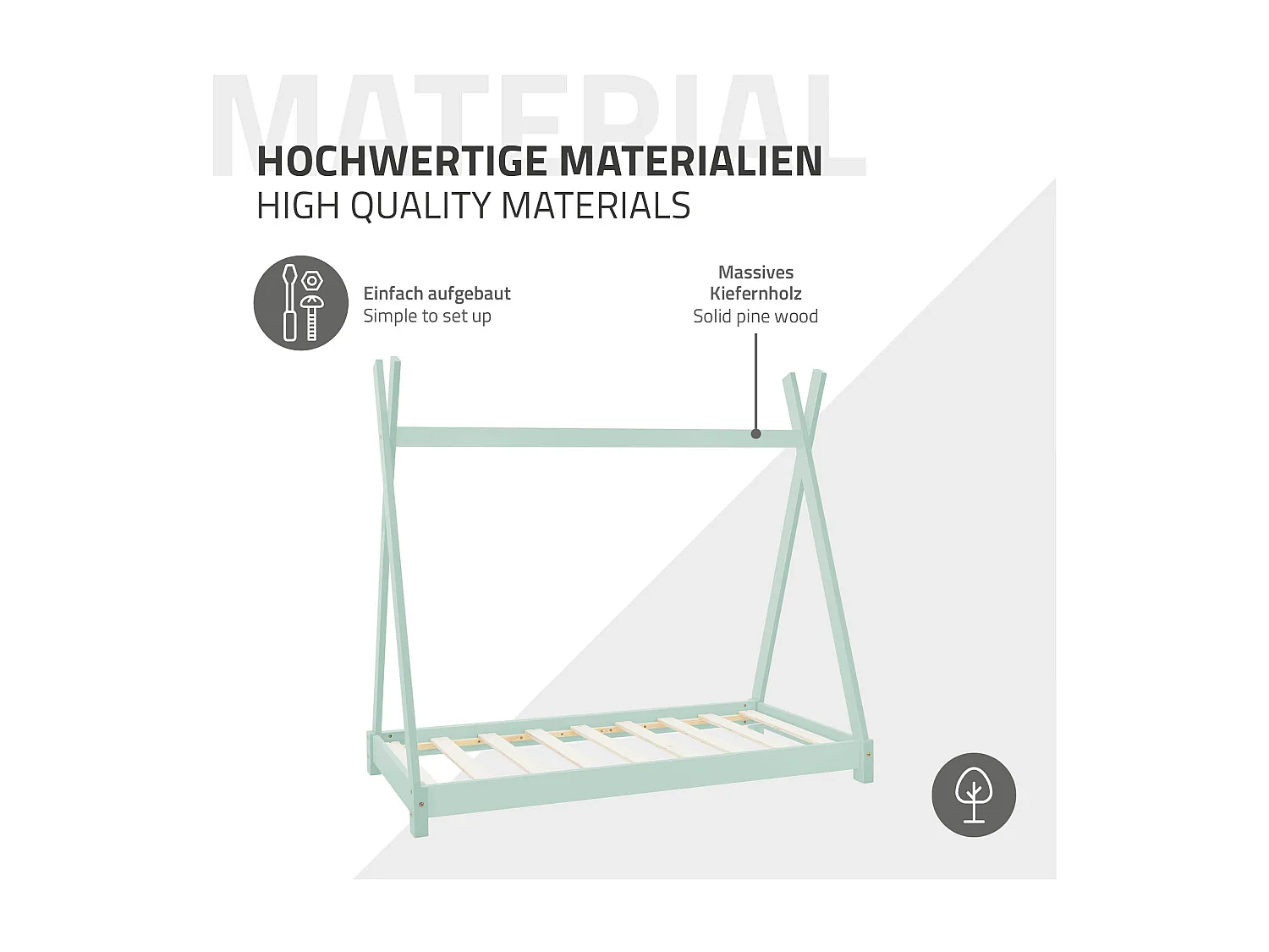 ML-Design Letto bambini a forma di tenda 80x160 cm menta in pino massiccio con rete a doghe stile montessori e materasso sfoderabile in schiuma fredda