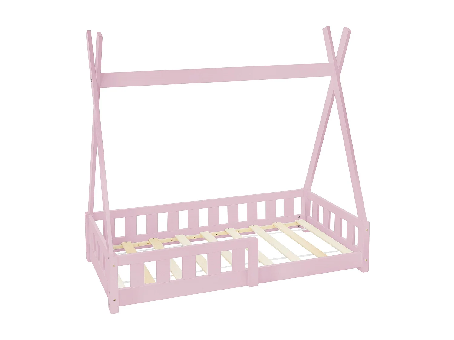 ML-Design Cama infantil tipi 70x140cm color rosa con protección anticaída y somier mobiliario con estructura de listones madera de pino maciza