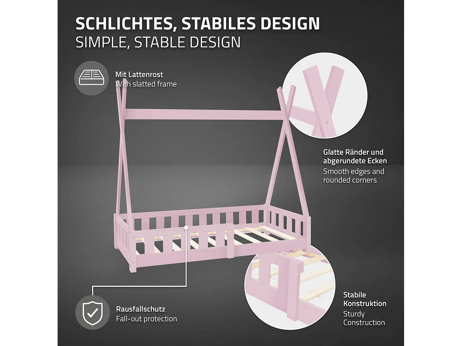 ML-Design Cama infantil tipi 70x140cm color rosa con protección anticaída y somier mobiliario con estructura de listones madera de pino maciza