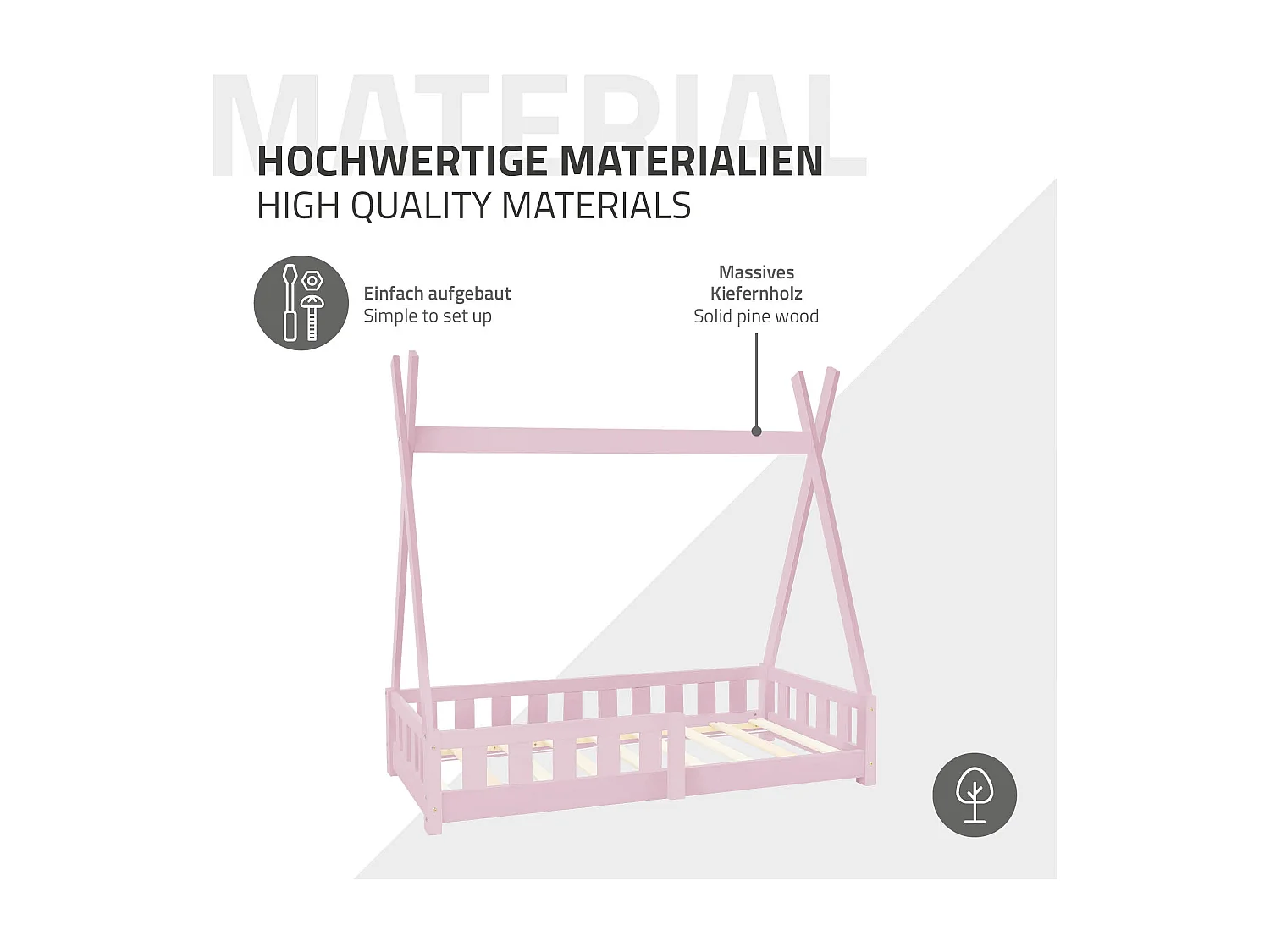 ML-Design Cama infantil tipi 70x140cm color rosa con protección anticaída y somier mobiliario con estructura de listones madera de pino maciza