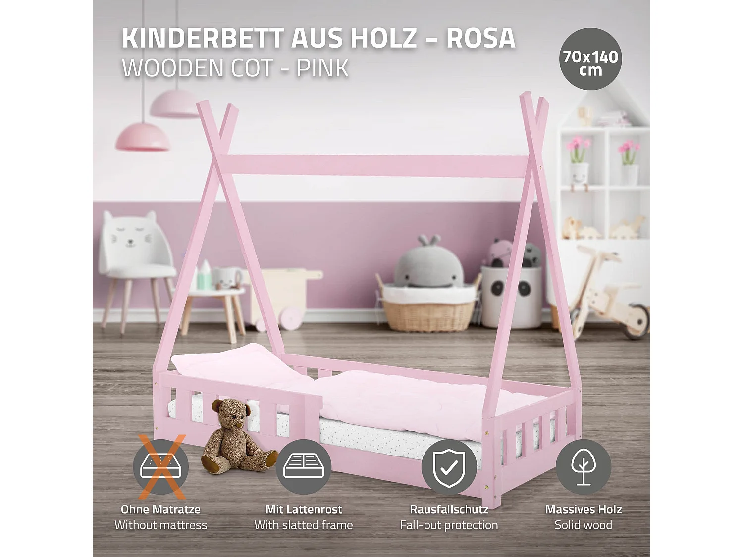 ML-Design Cama infantil tipi 70x140cm color rosa con protección anticaída y somier mobiliario con estructura de listones madera de pino maciza