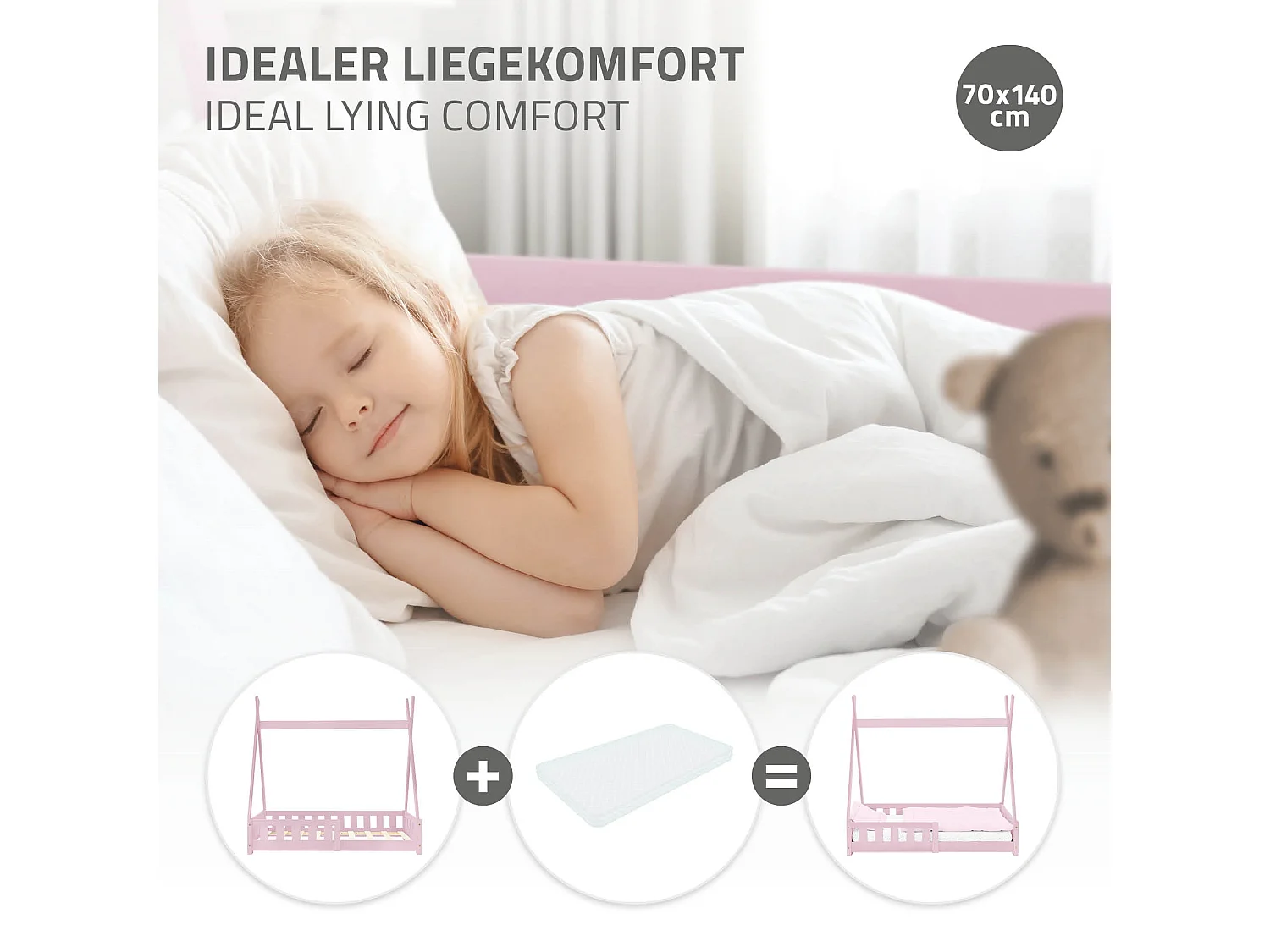 ML-Design Cama infantil tipi 70x140cm color rosa con protección anticaída y somier mobiliario con estructura de listones madera de pino maciza