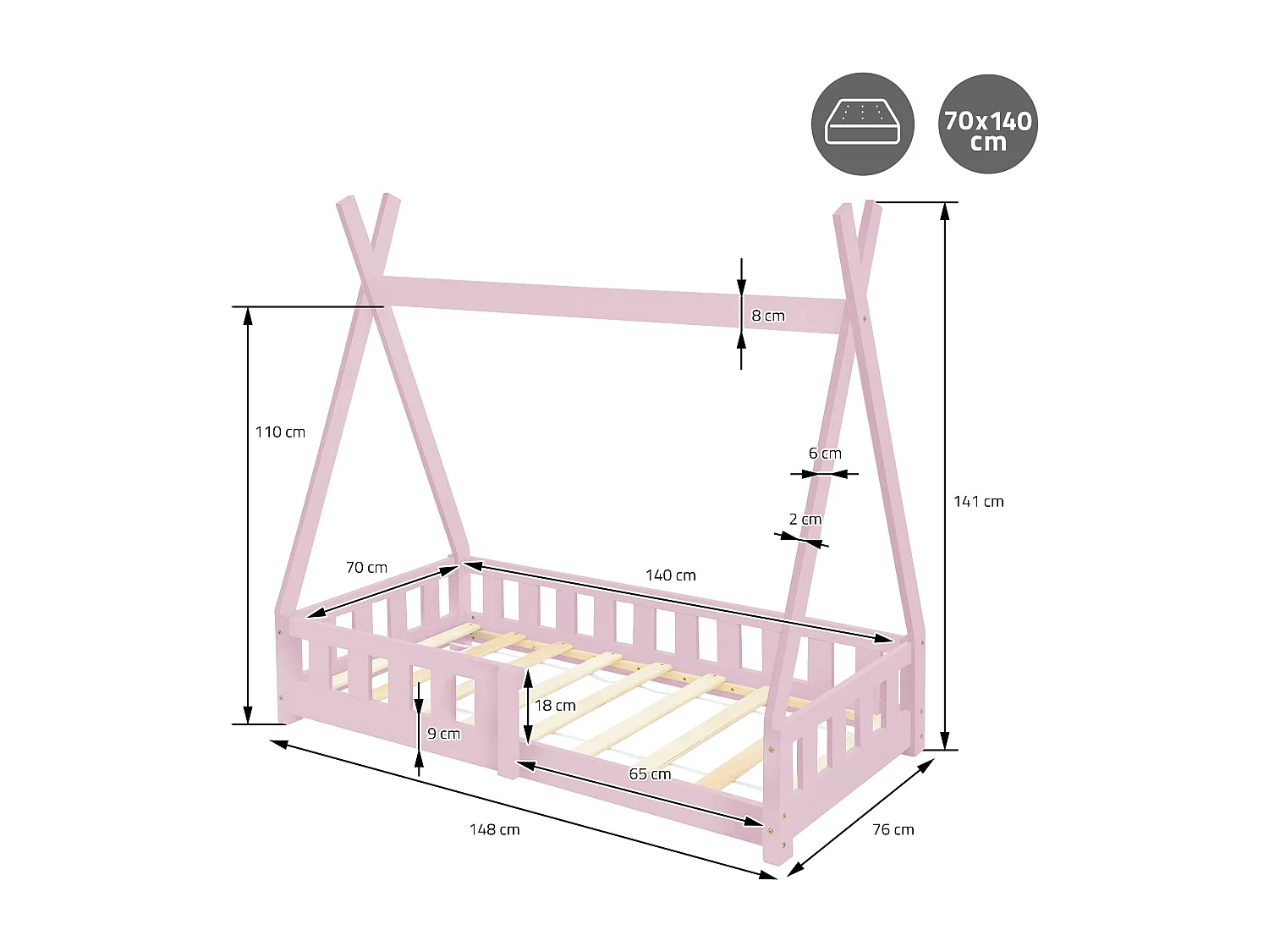 ML-Design Cama infantil tipi 70x140cm color rosa con protección anticaída y somier mobiliario con estructura de listones madera de pino maciza