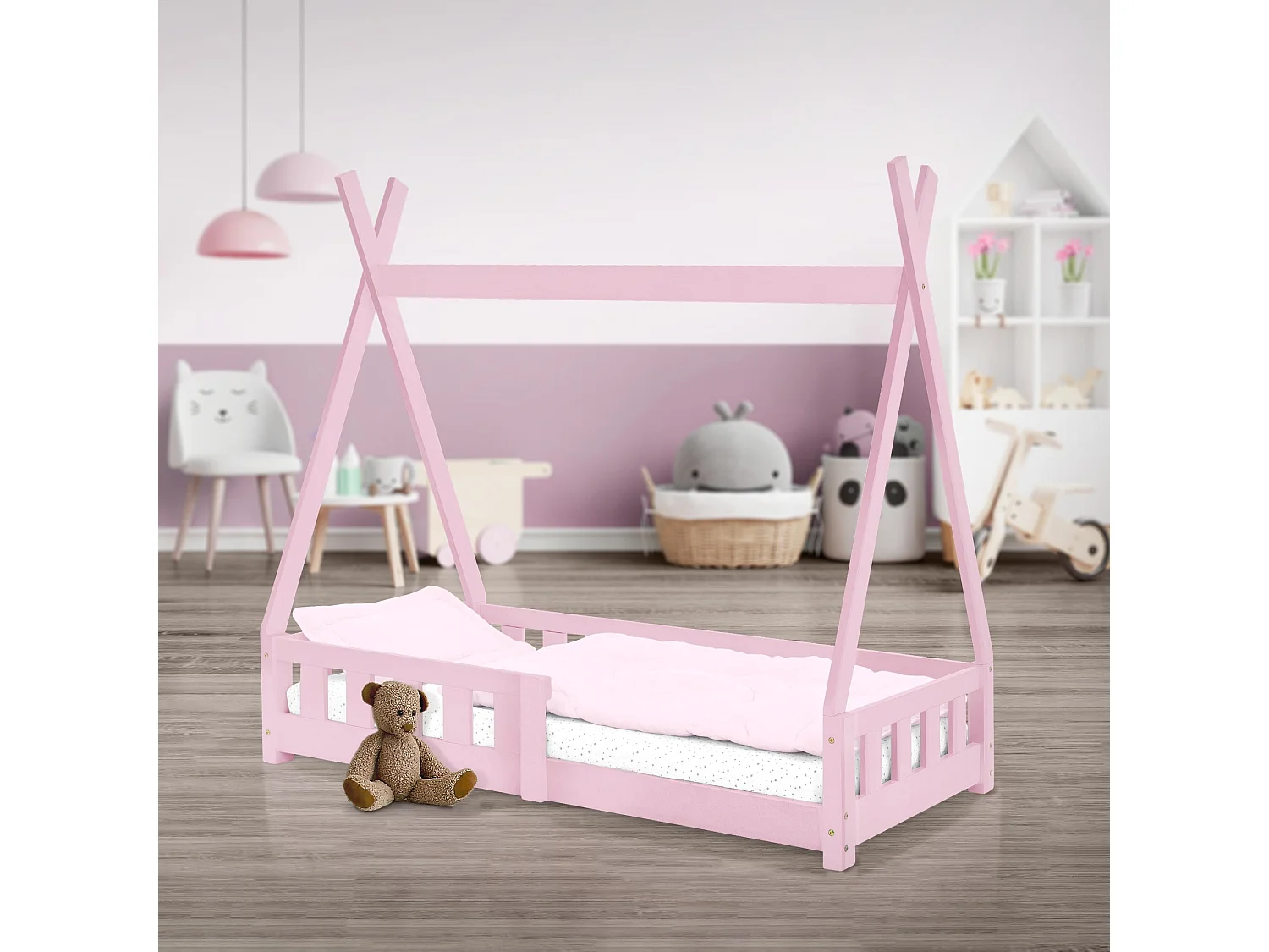 ML-Design Cama infantil tipi 70x140cm color rosa con protección anticaída y somier mobiliario con estructura de listones madera de pino maciza