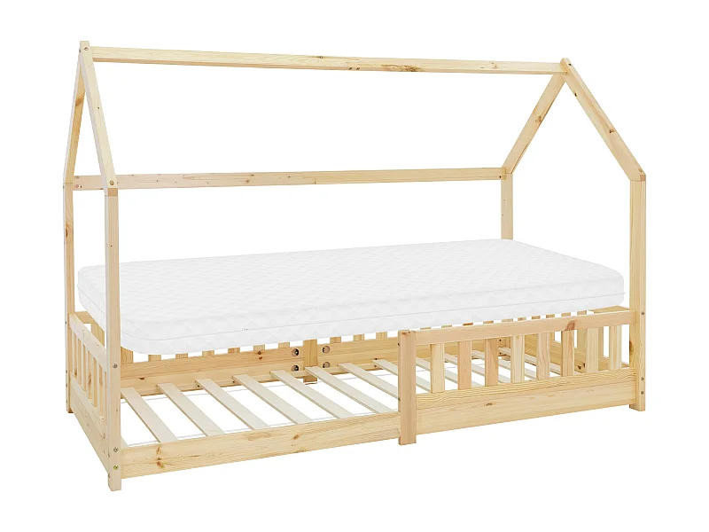 ML-Design Cama infantil tipi 90x200cm color natural con colchón, protección anticaída y somier estructura de listones madera con techo forma de casa