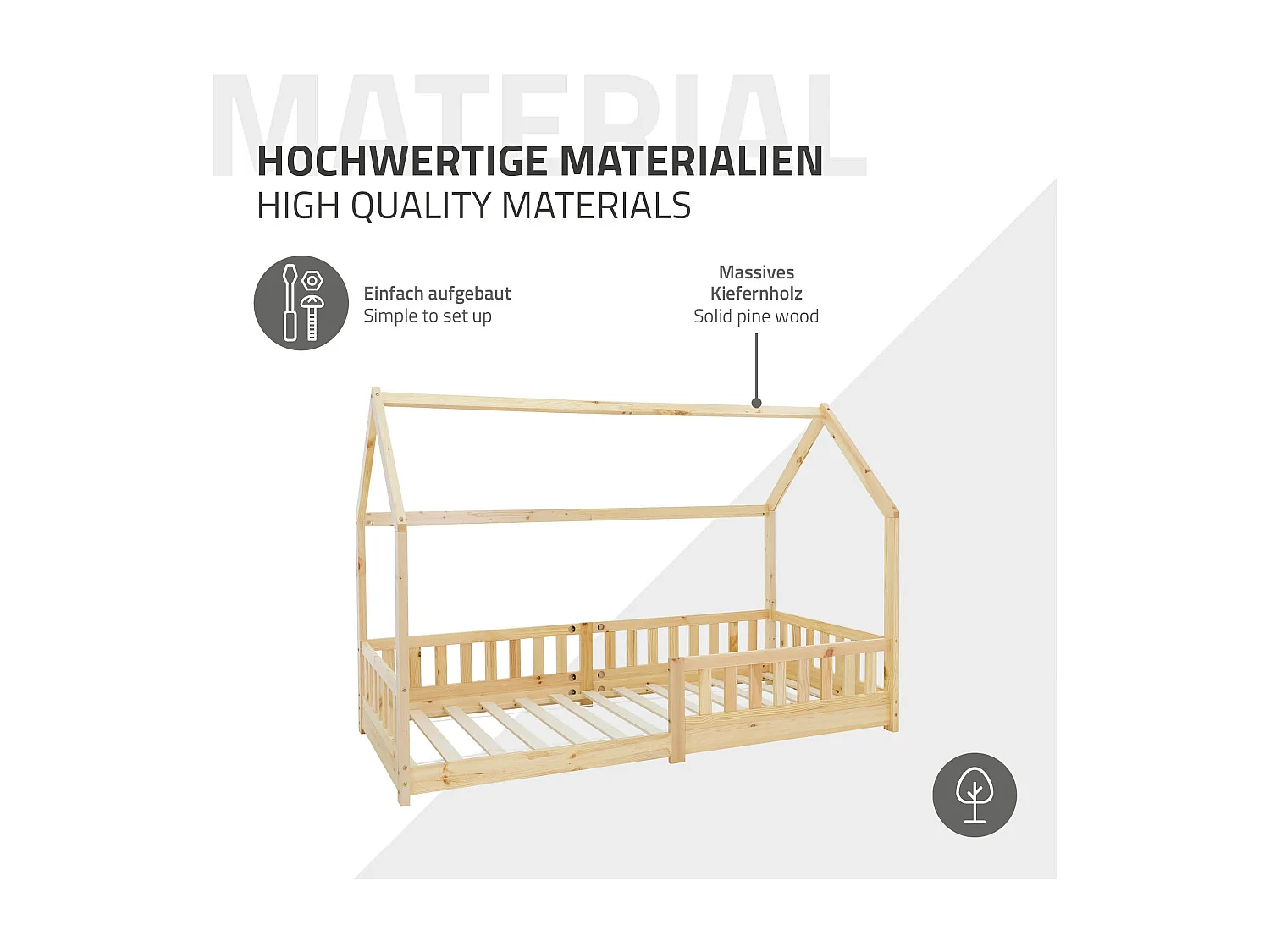 Lit d'enfants 90x200 cm style maison naturel bois de pin massif avec matelas H:10 cm housse amovible sommier protection anti-chute pour filles garçons