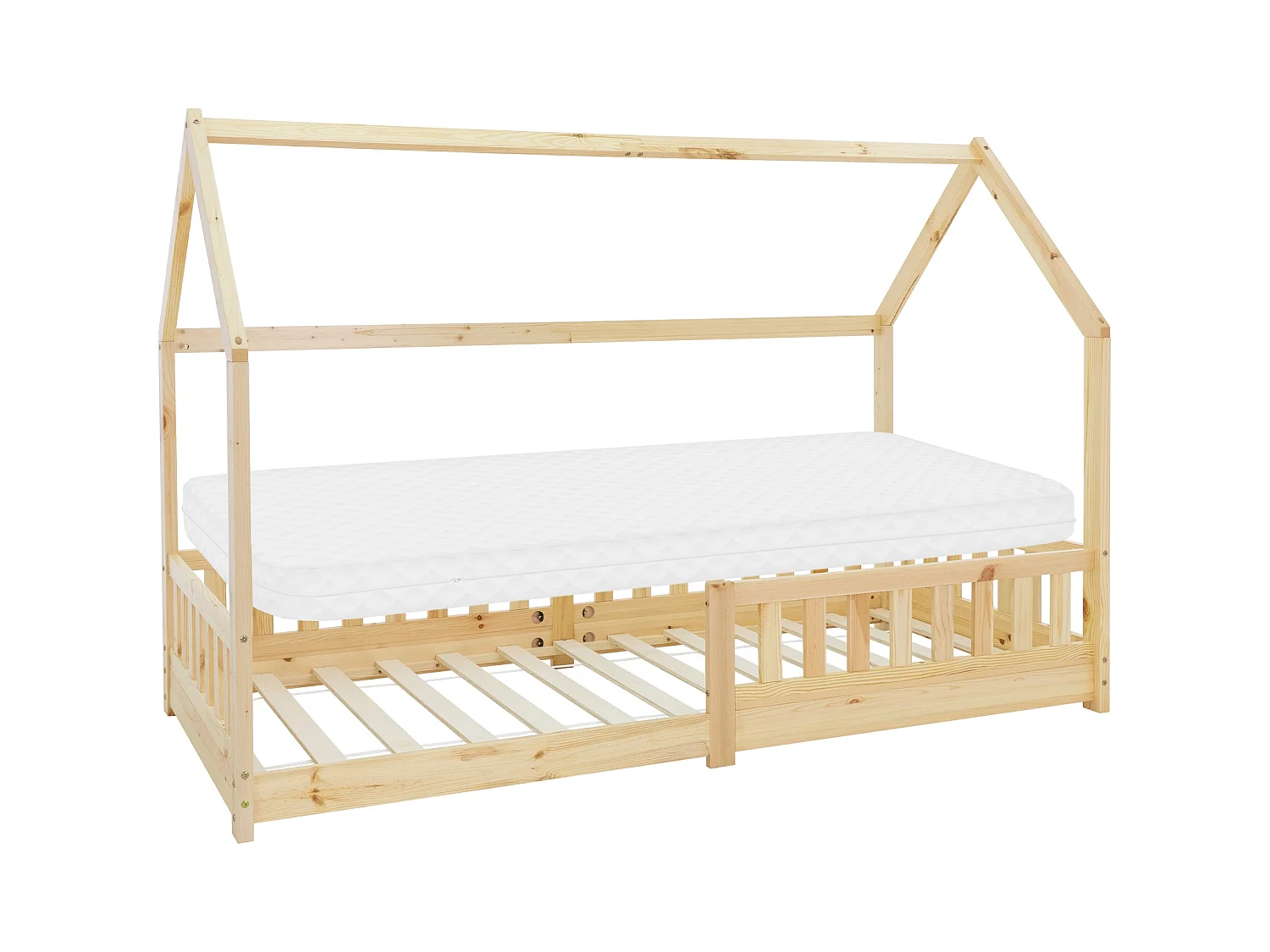 Lit d'enfants 90x200 cm style maison naturel bois de pin massif avec matelas H:10 cm housse amovible sommier protection anti-chute pour filles garçons