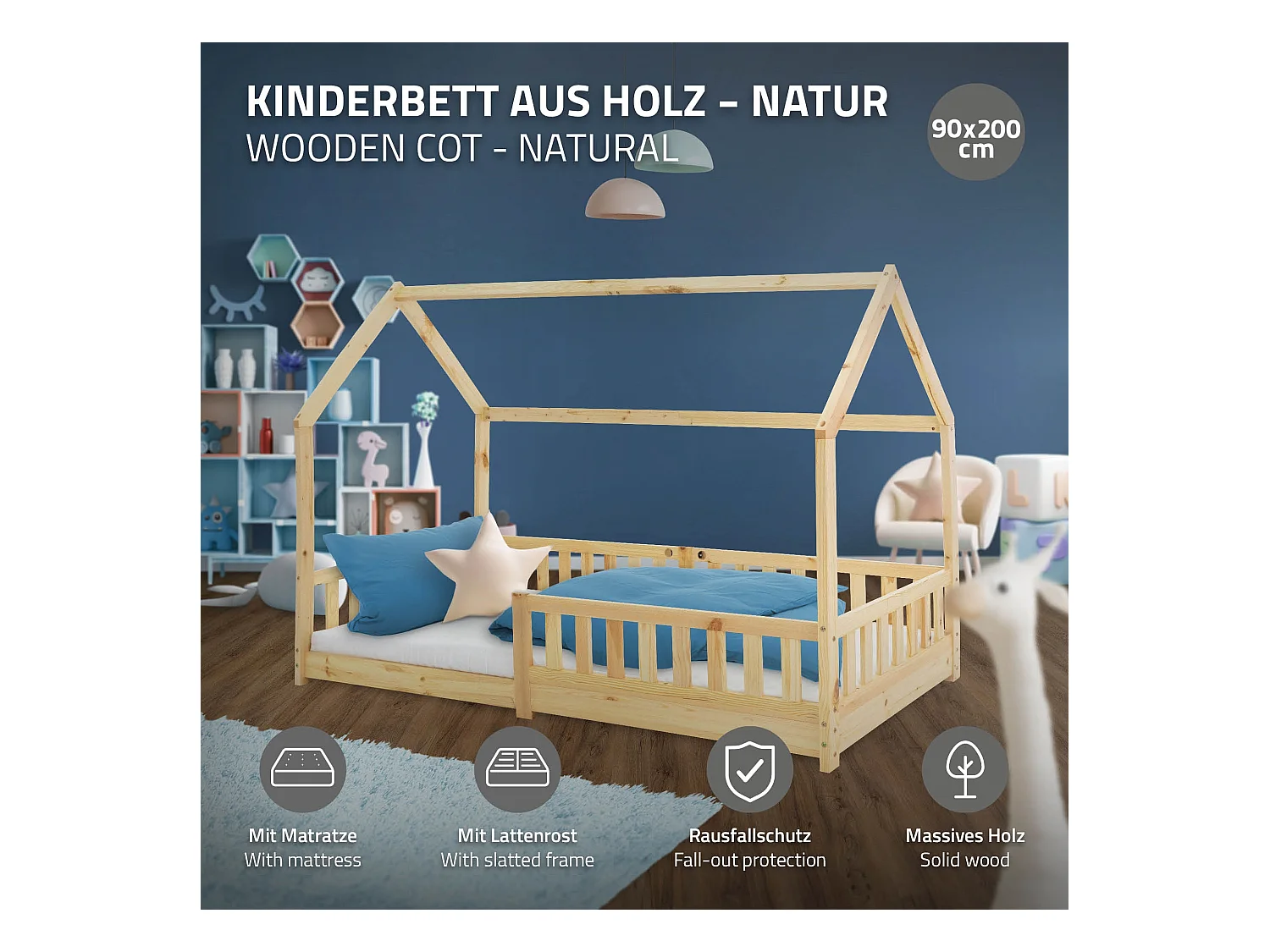 Lit d'enfants 90x200 cm style maison naturel bois de pin massif avec matelas H:10 cm housse amovible sommier protection anti-chute pour filles garçons