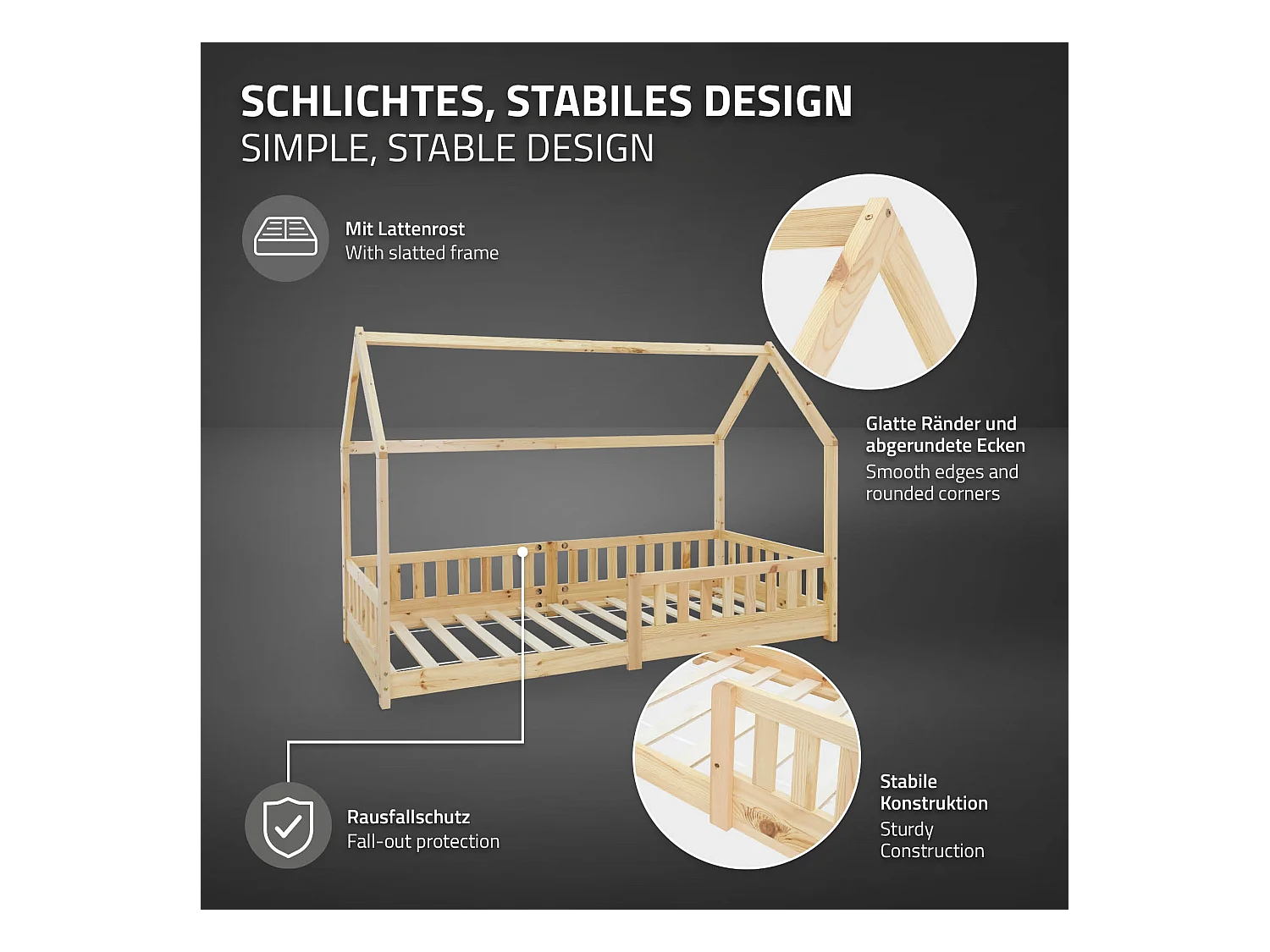 Lit d'enfants 90x200 cm style maison naturel bois de pin massif avec matelas H:10 cm housse amovible sommier protection anti-chute pour filles garçons