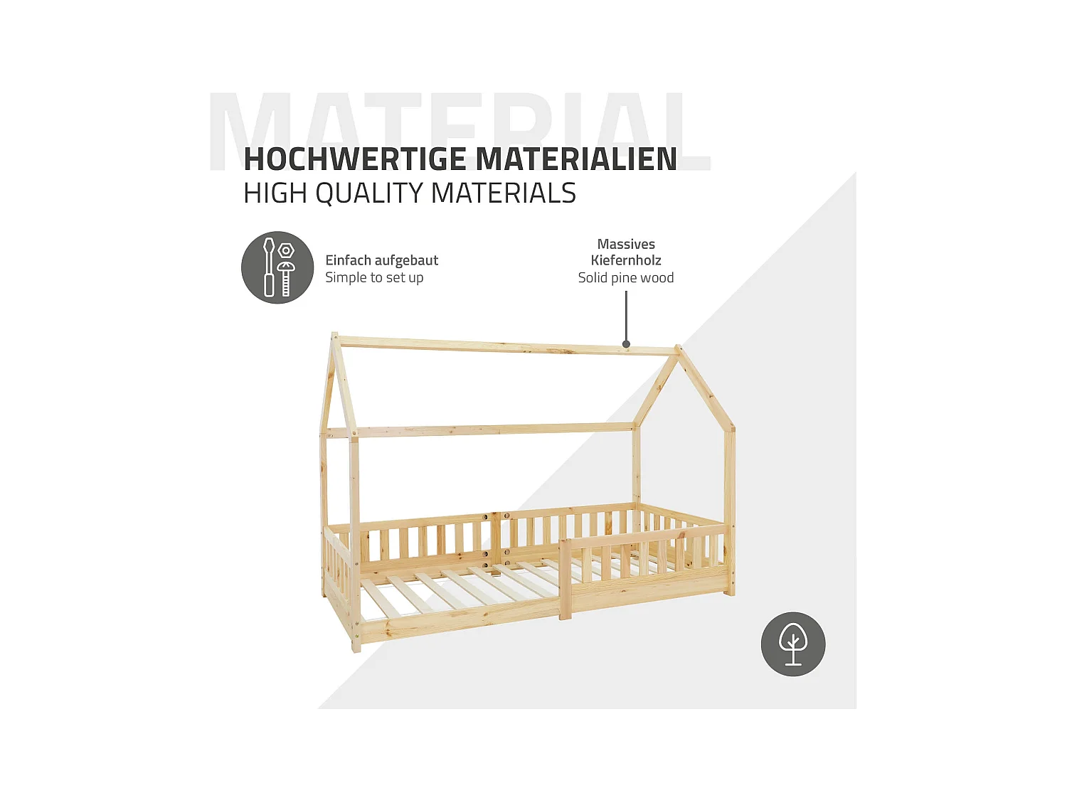 Lit d'enfants 90x200 cm style maison naturel bois de pin massif avec matelas H:10 cm housse amovible sommier protection anti-chute pour filles garçons
