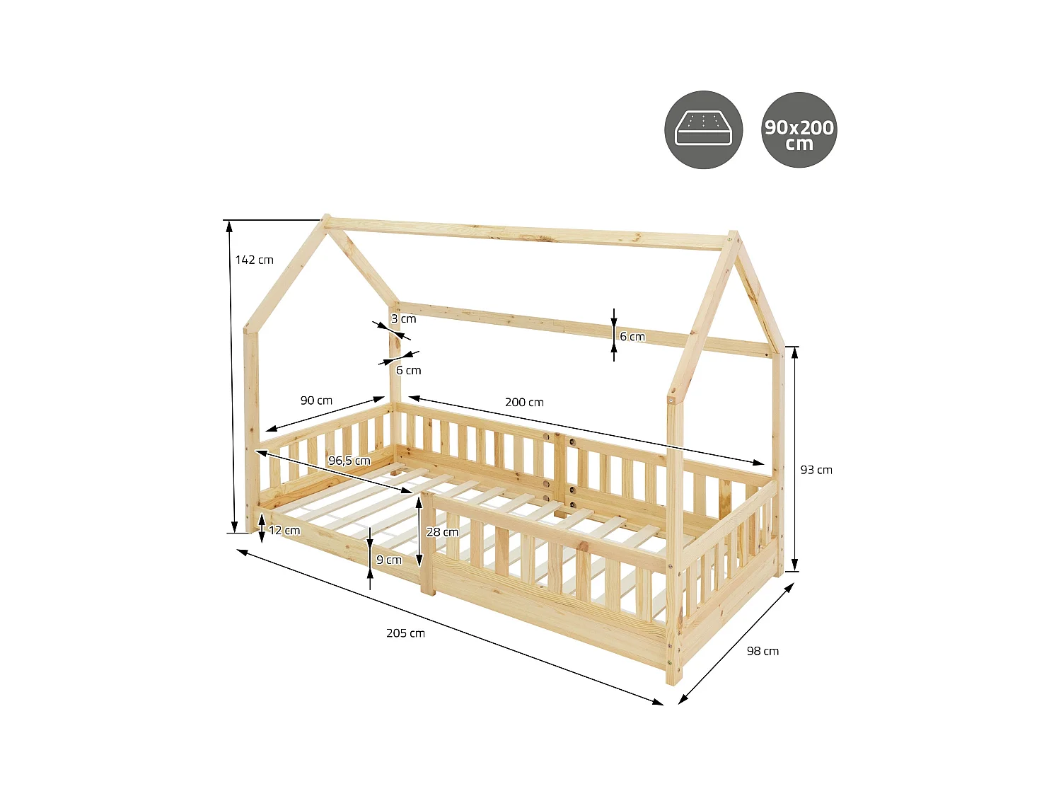 Lit d'enfants 90x200 cm style maison naturel bois de pin massif avec matelas H:10 cm housse amovible sommier protection anti-chute pour filles garçons